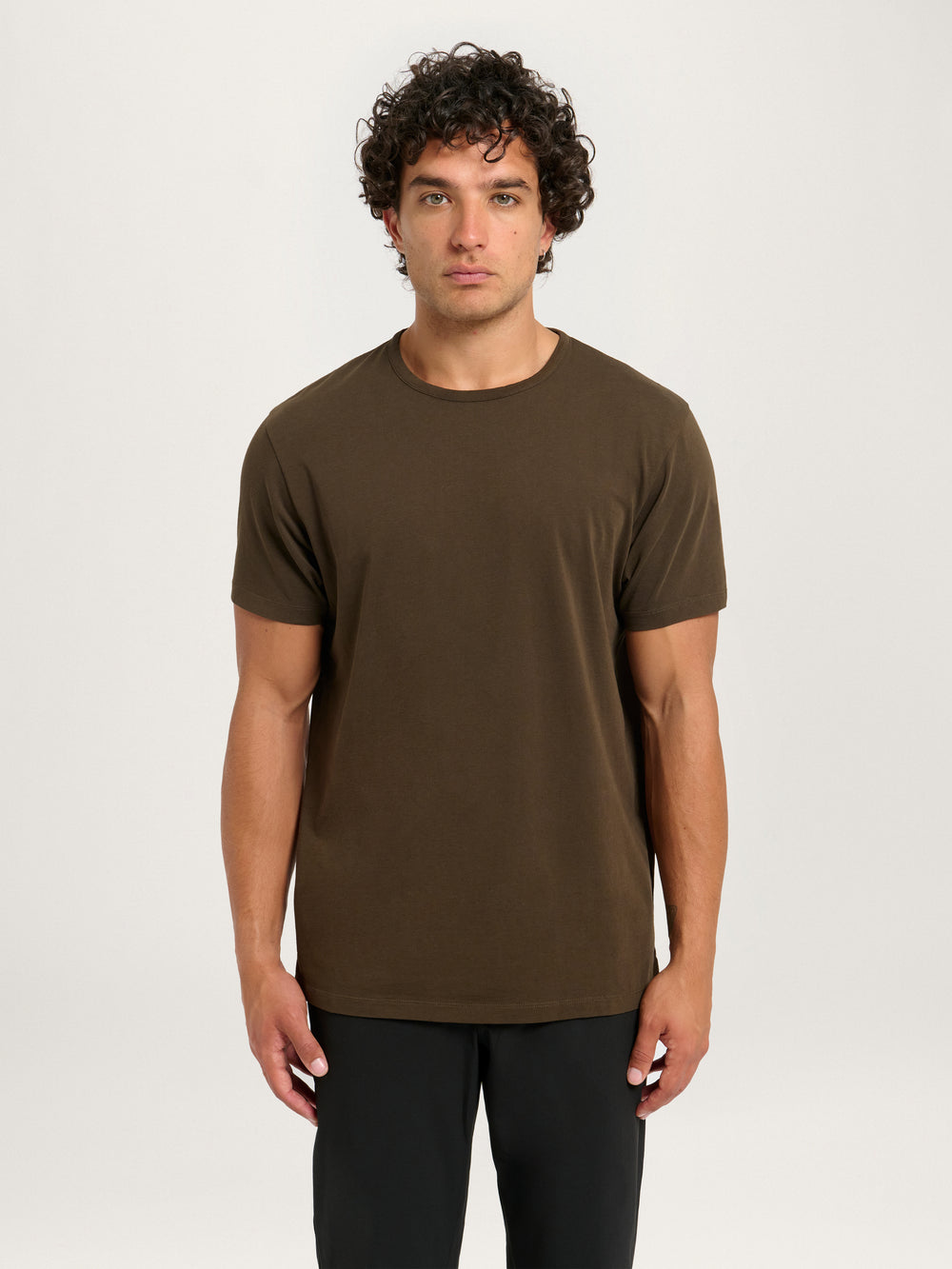 Front view of Lestrange London Classic Tee in dark olive – versatile everyday men’s T-shirt
