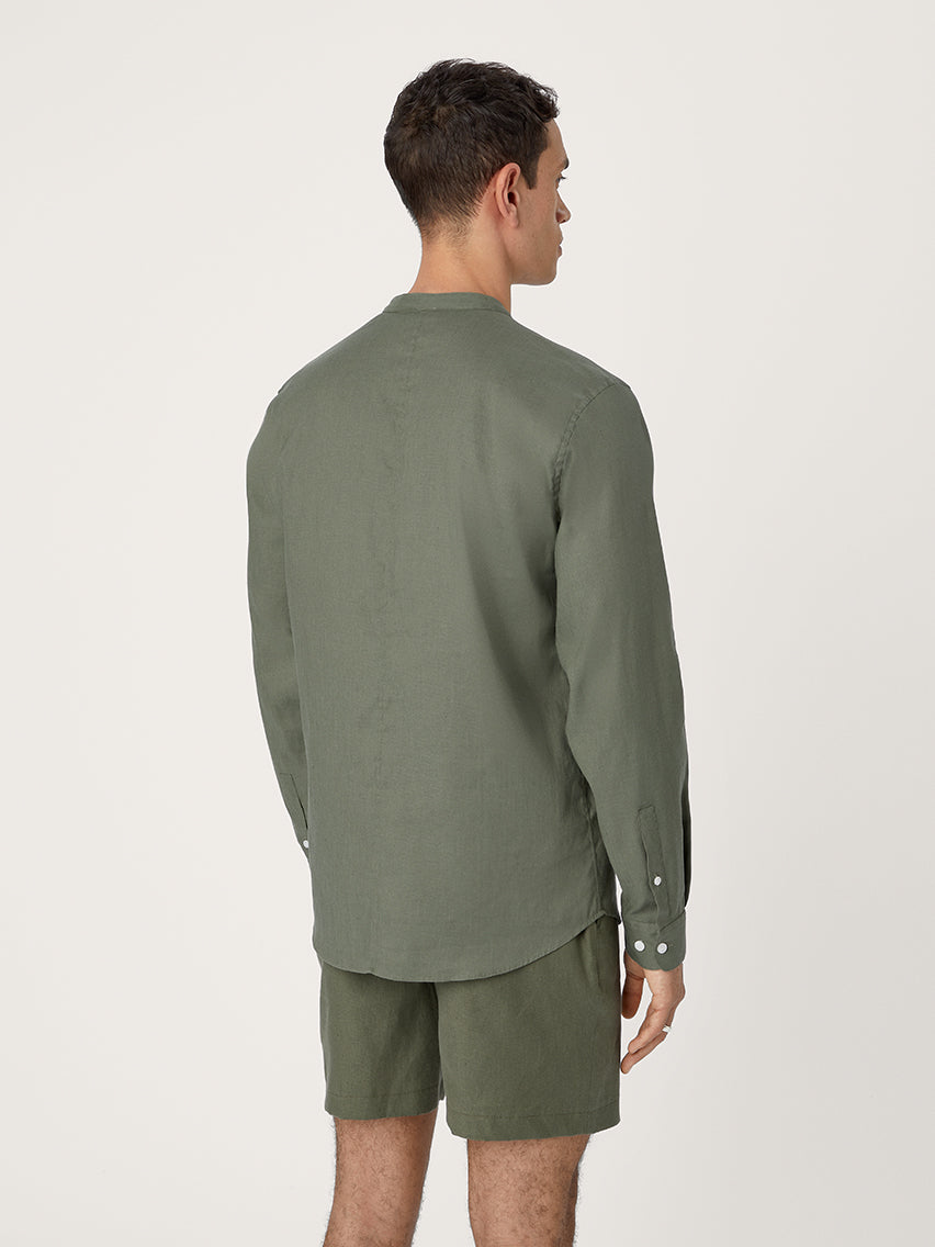 The All Day Shirt Linen Collarless || Olive | Linen