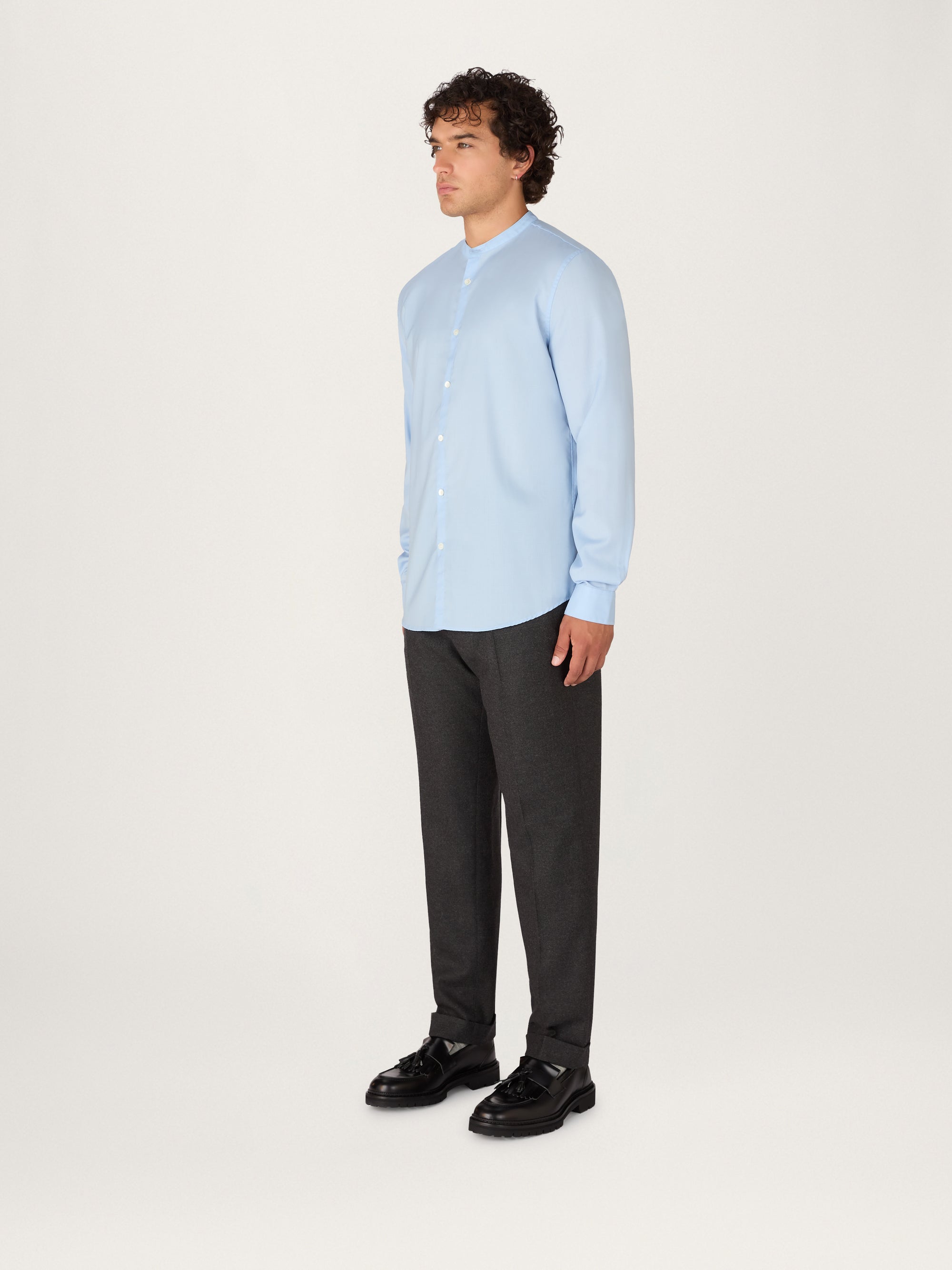 The All Day Shirt Merino Collarless || Light Blue | Merino Poplin