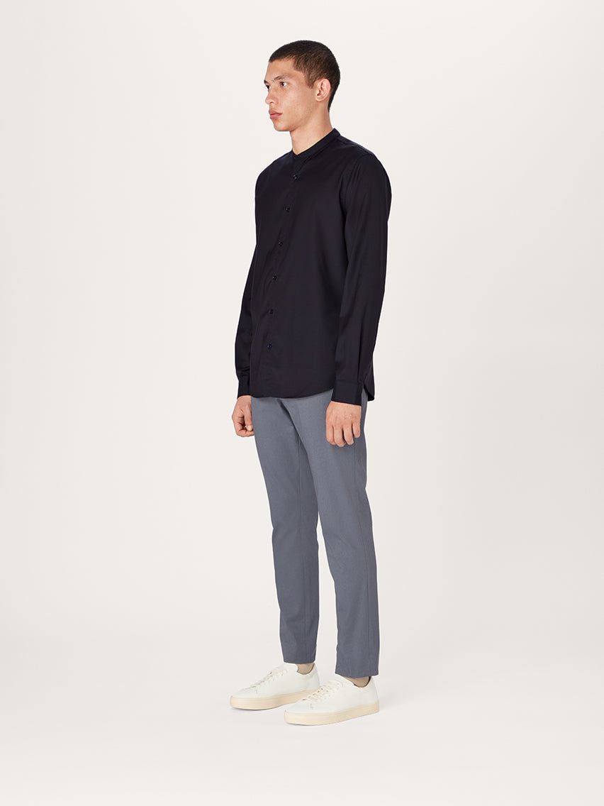 The All Day Shirt Merino Collarless || Navy | Merino Poplin