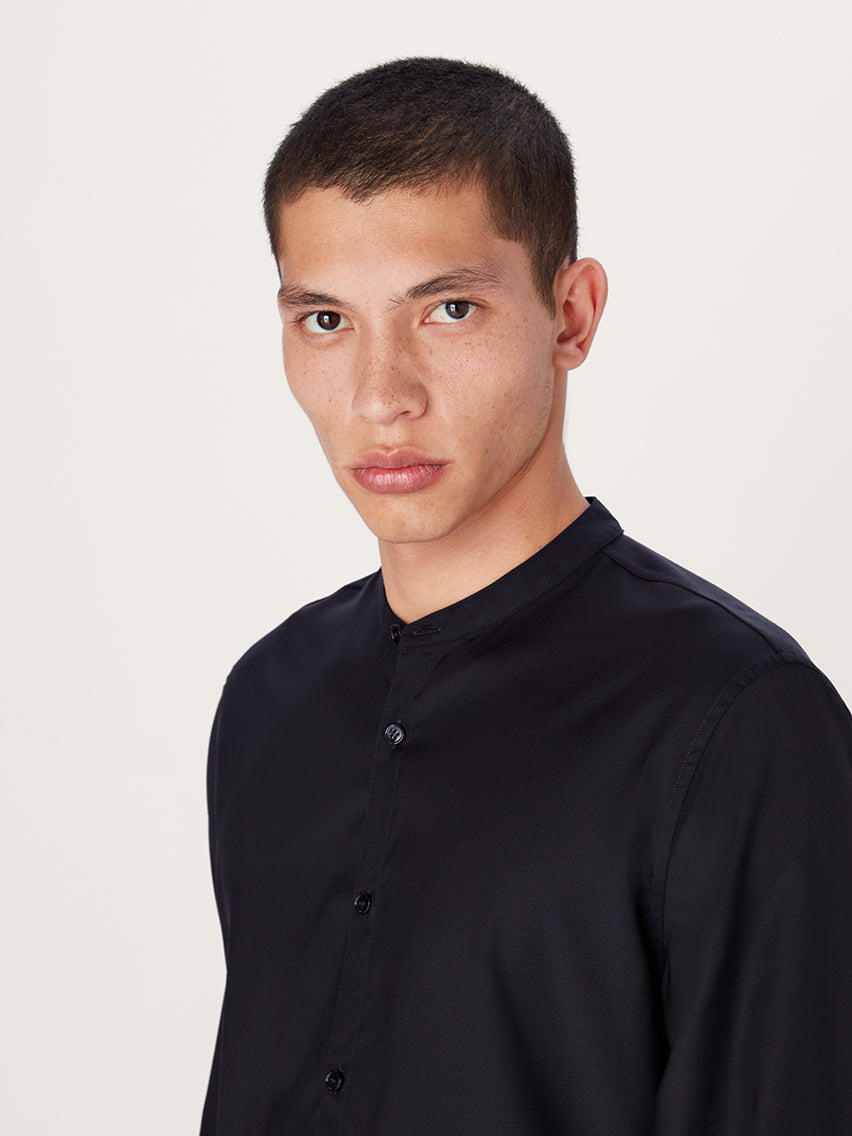 The All Day Shirt Merino Collarless || Navy | Merino Poplin