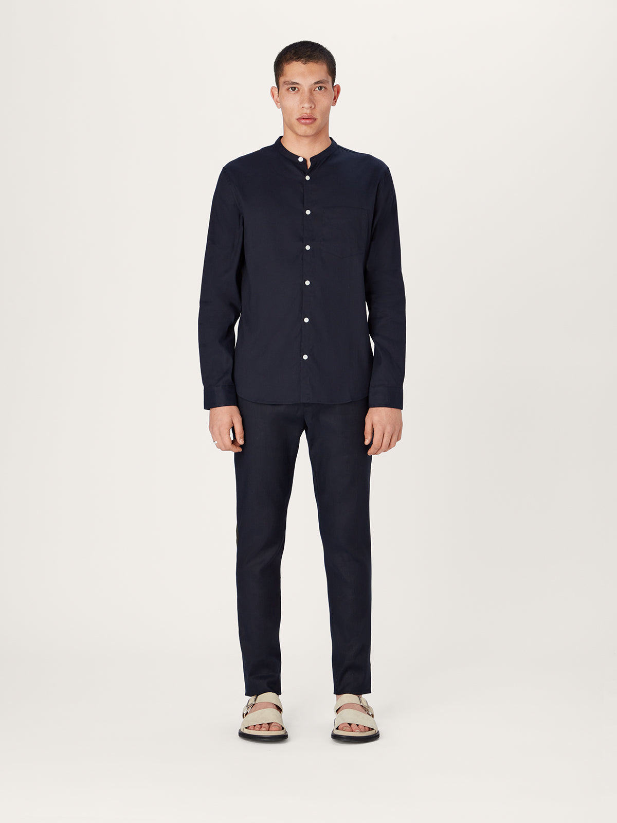 The All Day Shirt Linen Collarless || Navy | Linen