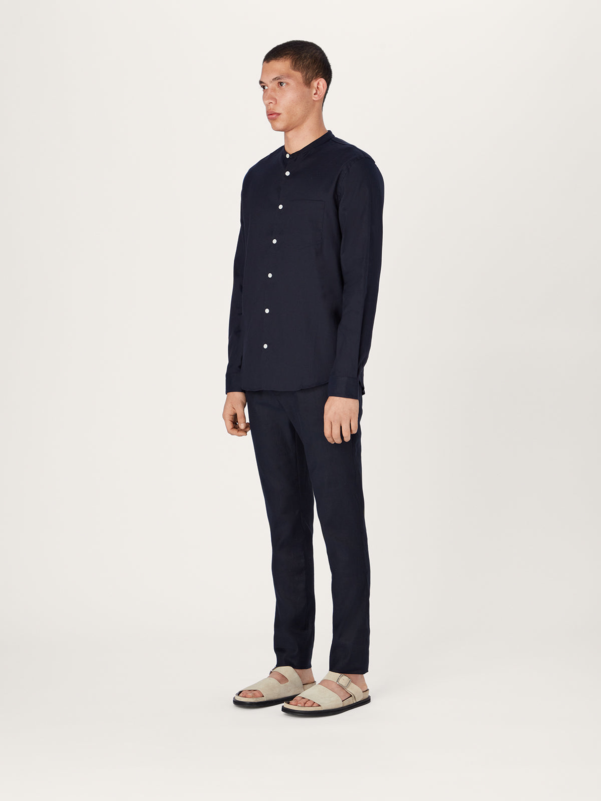 The All Day Shirt Linen Collarless || Navy | Linen