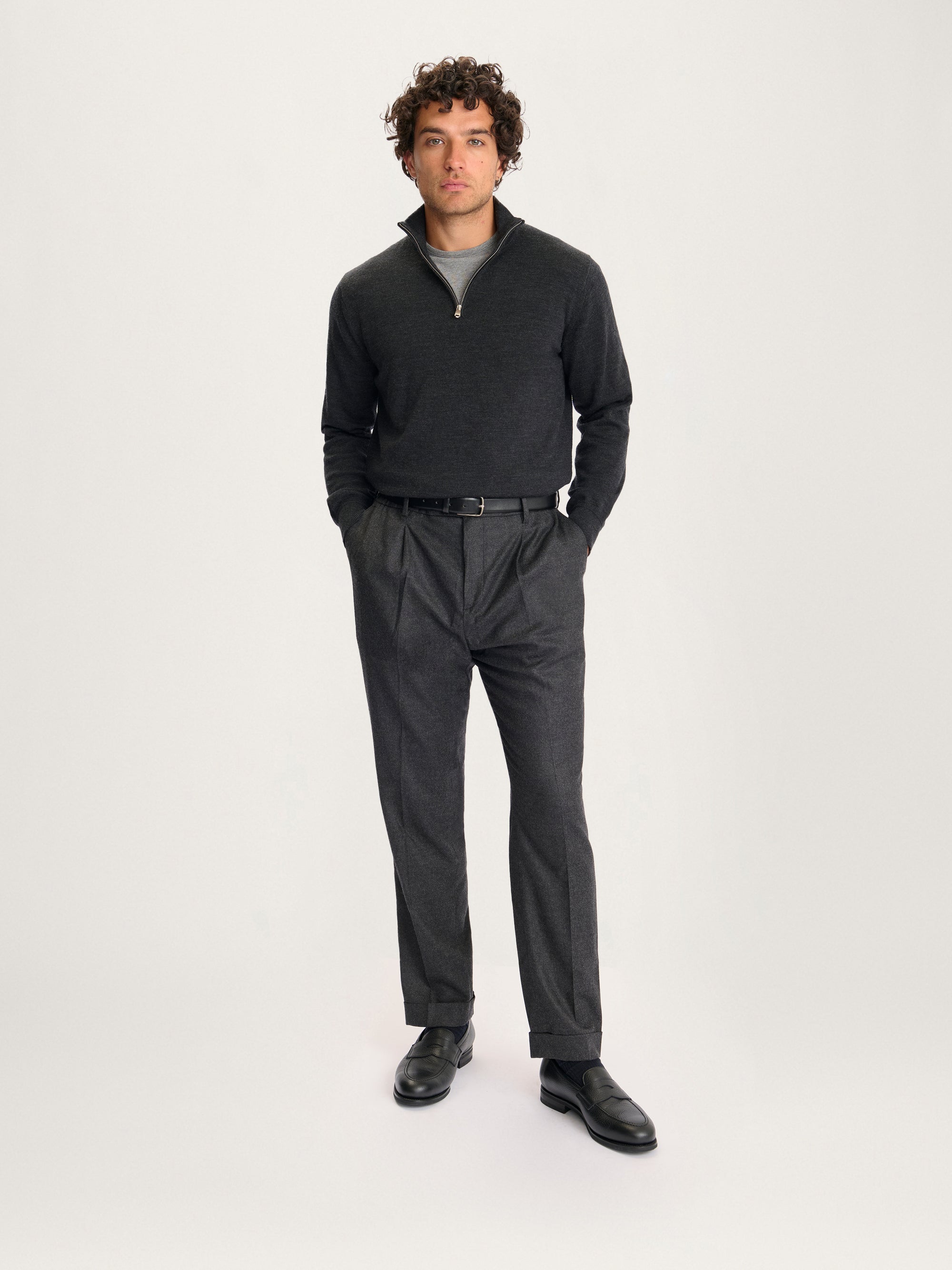 Lestrange Merino Half Zip Grey – men’s sustainable merino wool half zip jumper styled with tailored trousers