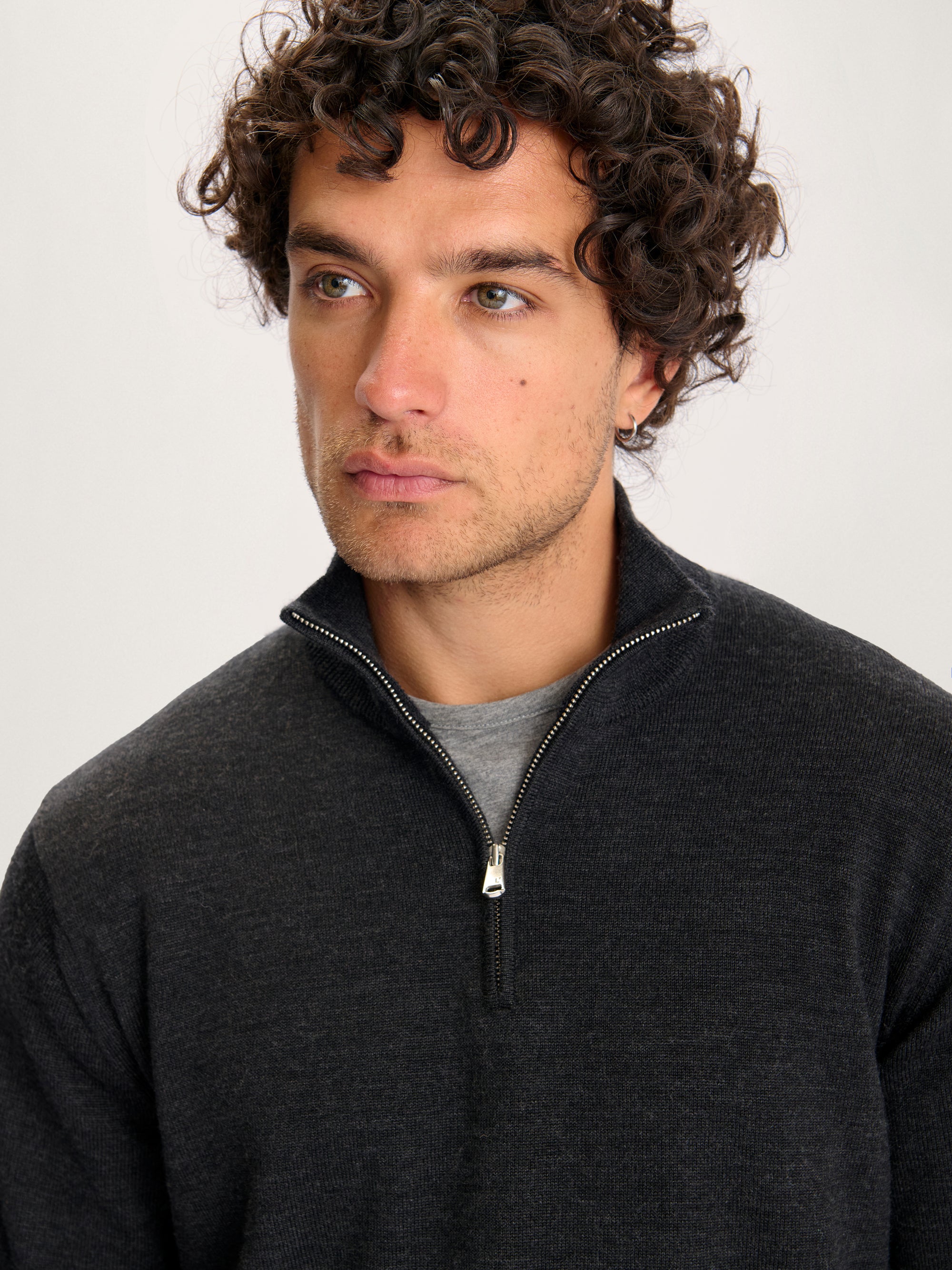 Lestrange Merino Half Zip Grey – close-up of premium merino knit texture with zip collar detail