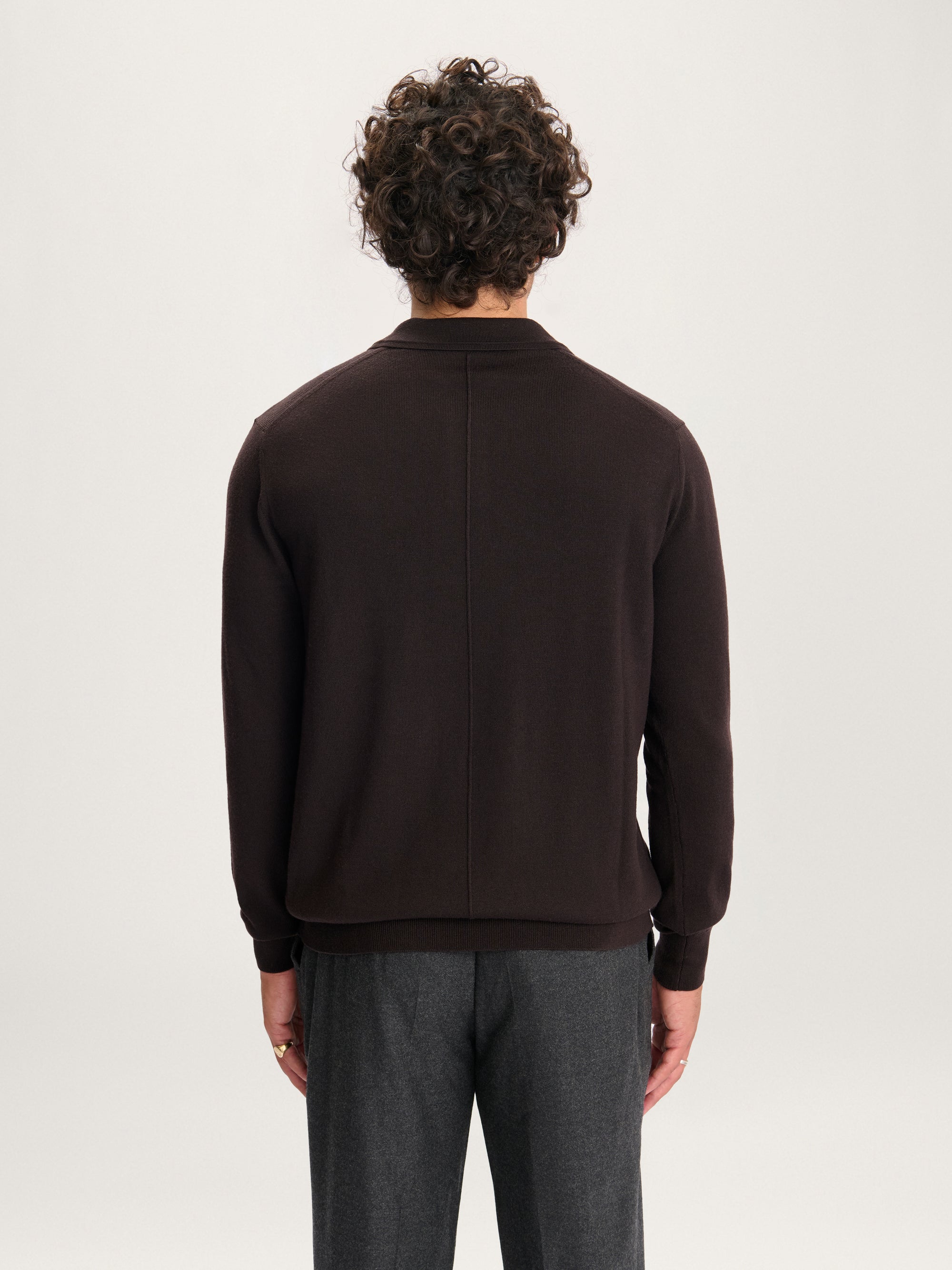Lestrange Merino Long Sleeve Polo Espresso – back view of men’s fine merino knit polo in dark brown