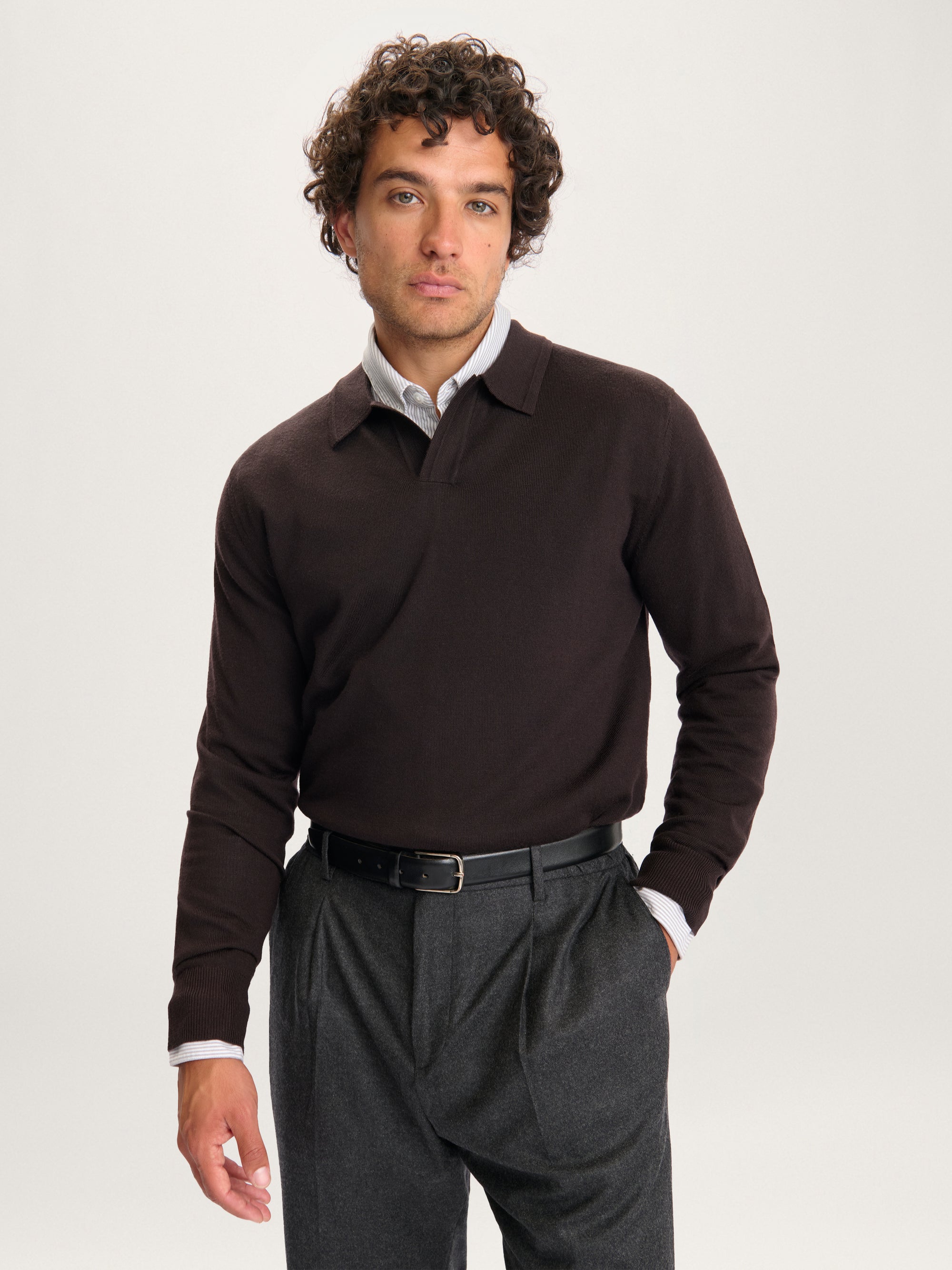 Lestrange Merino Long Sleeve Polo Espresso – men’s luxury merino wool polo shirt styled with tailored trousers
