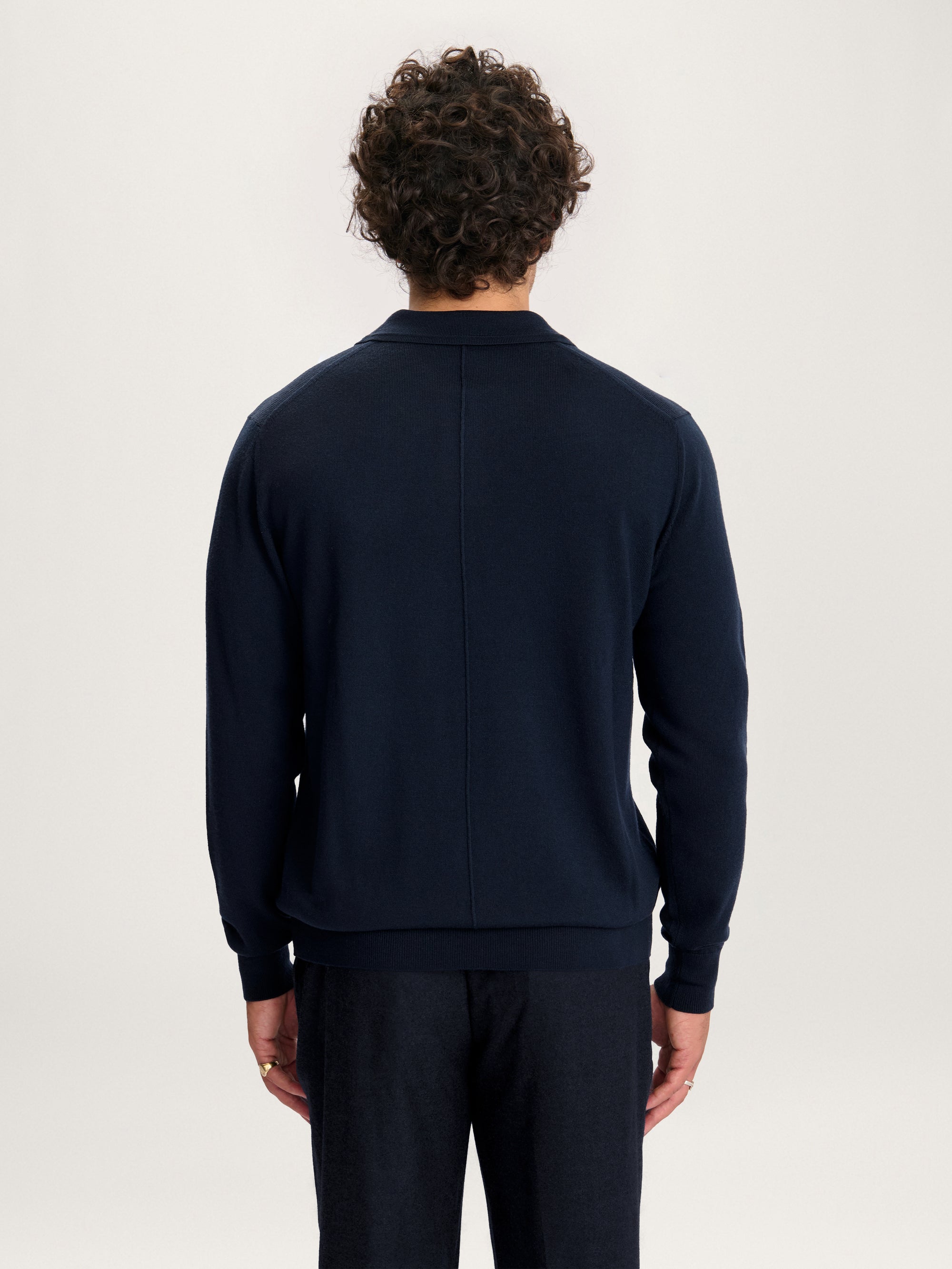 Lestrange Merino Long Sleeve Polo Navy – back view of men’s lightweight merino wool polo shirt