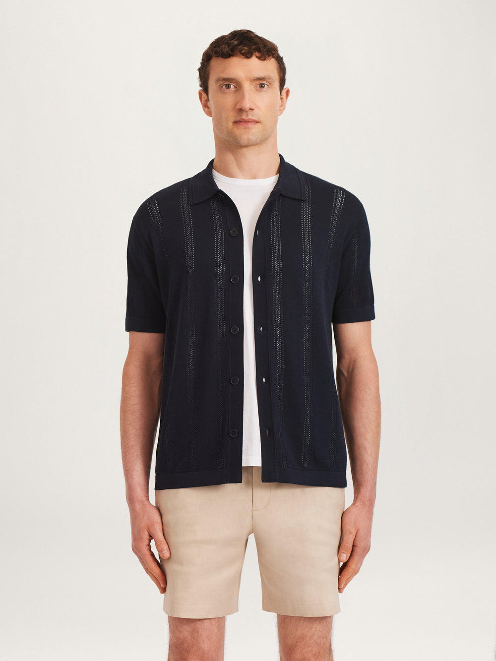 A man wearing a navy short-sleeve buttoned knit shirt and beige shorts.