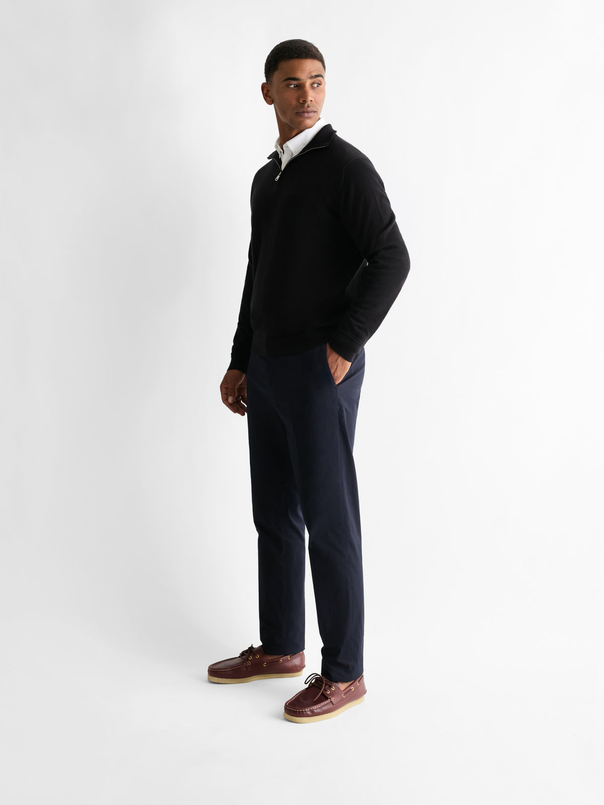 The 24 Quarter Zip Knit, Black, three-quarter front