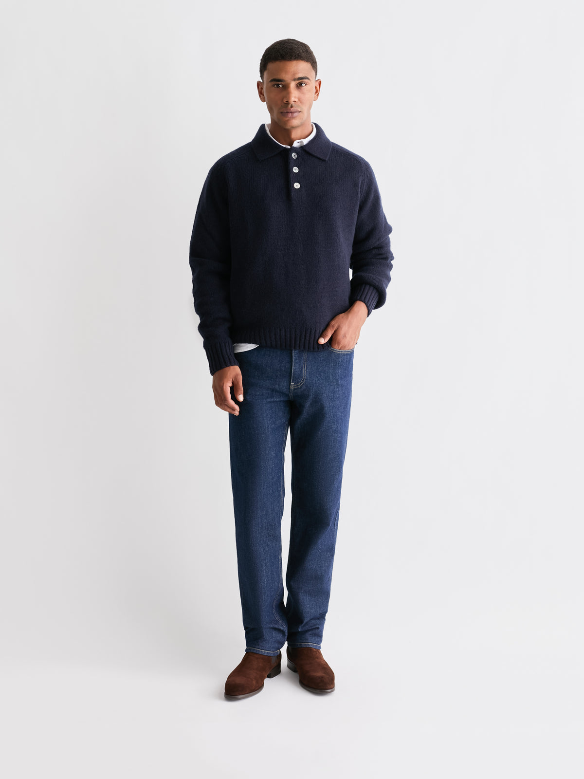 The 24 Shaggy Knit Polo, Navy, front, full length