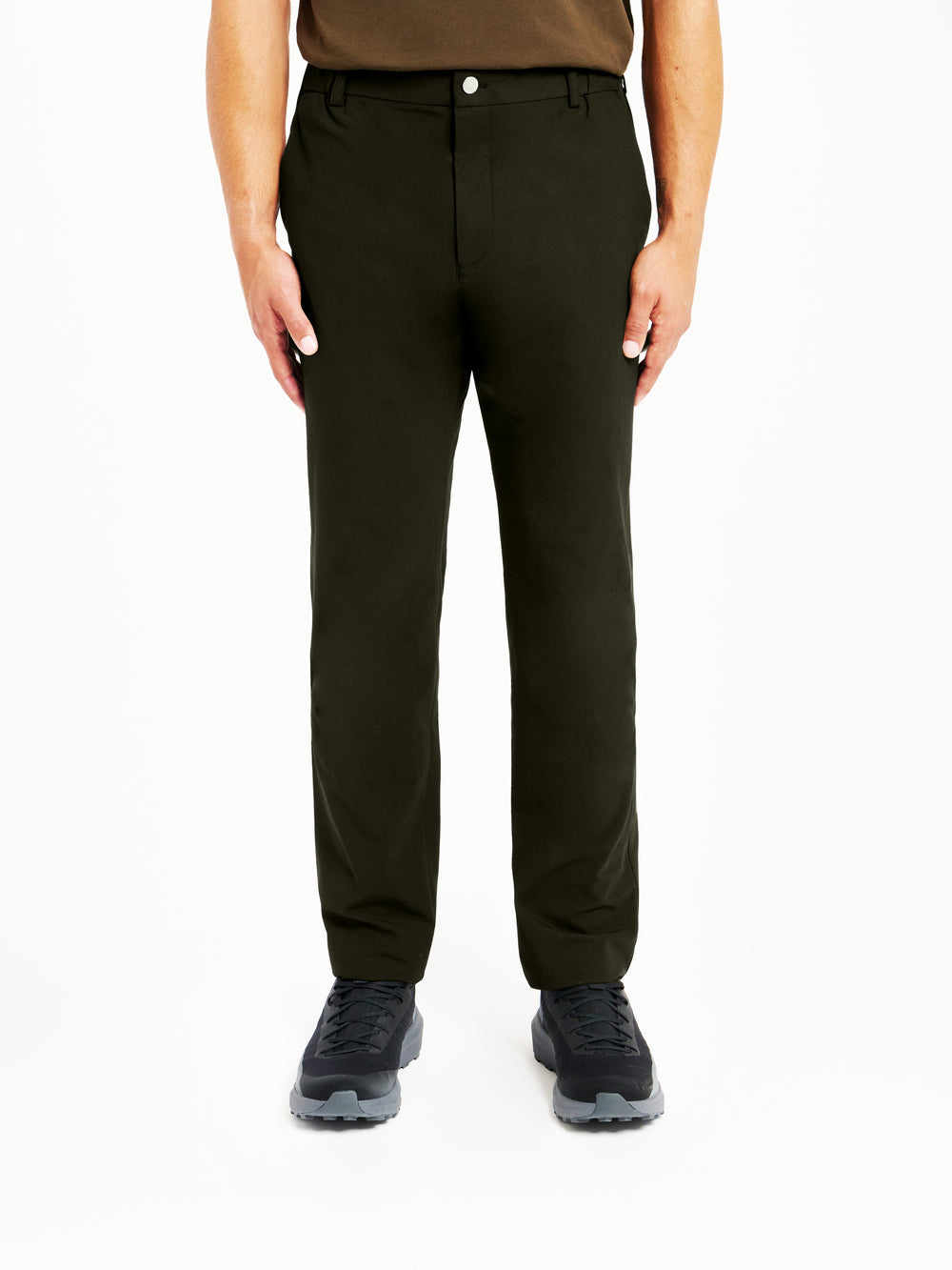 Front view of the Lestrange 360 Trouser in Dark olive, showing the waistband, front pockets, and clean tapered fit.