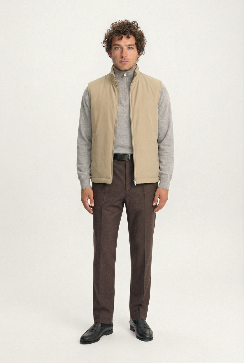 Lestrange 360 Thermal Vest in khaki, full-length outfit view with grey knit, brown tailored trousers and black leather loafers