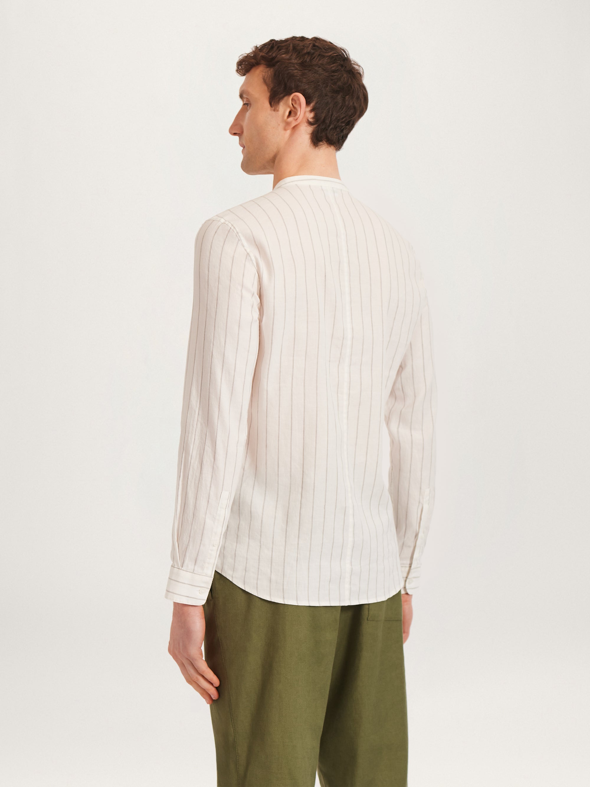 The All Day Shirt Linen Collarless || Ecru Stripe | Linen