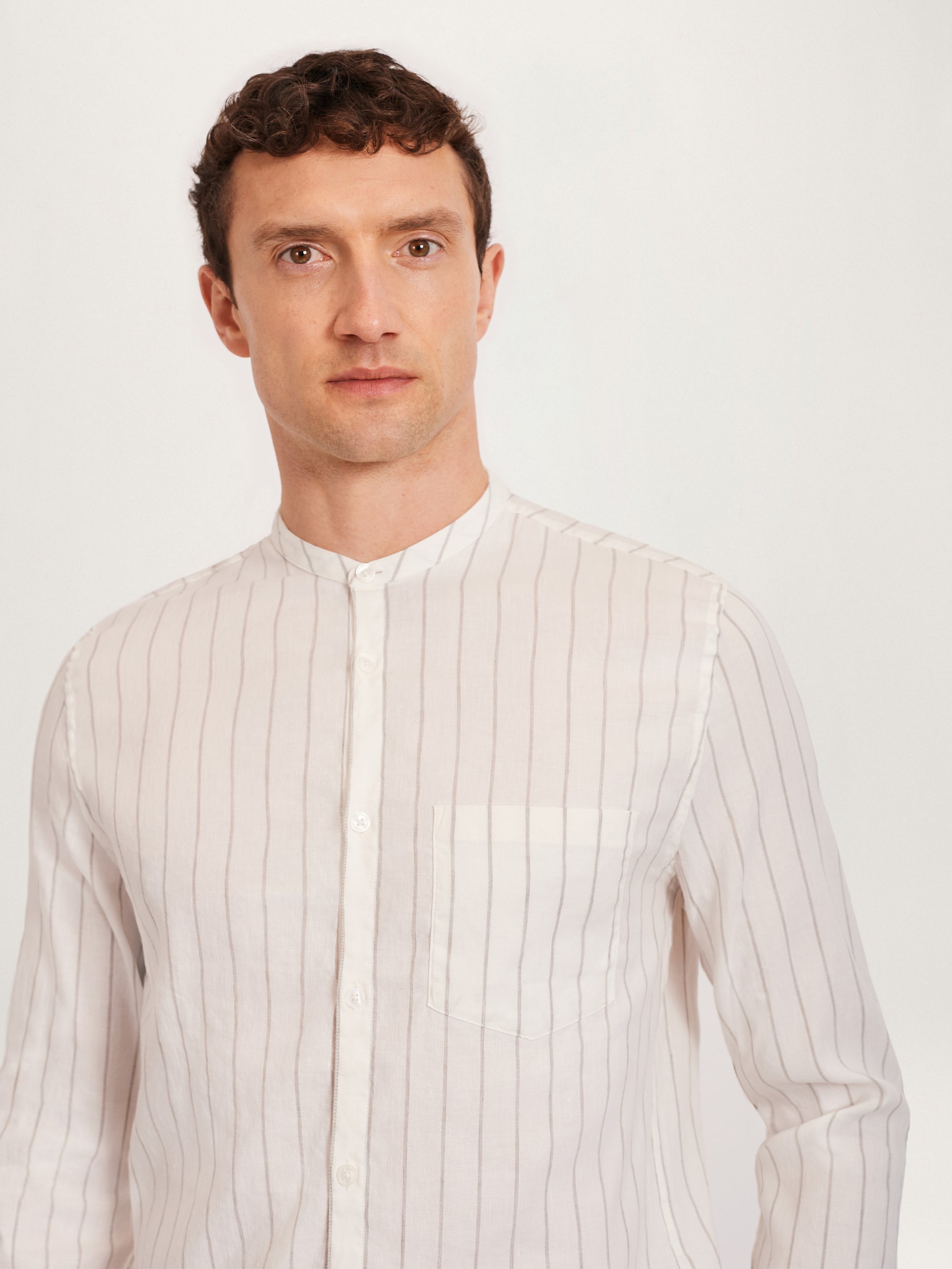 The All Day Shirt Linen Collarless || Ecru Stripe | Linen