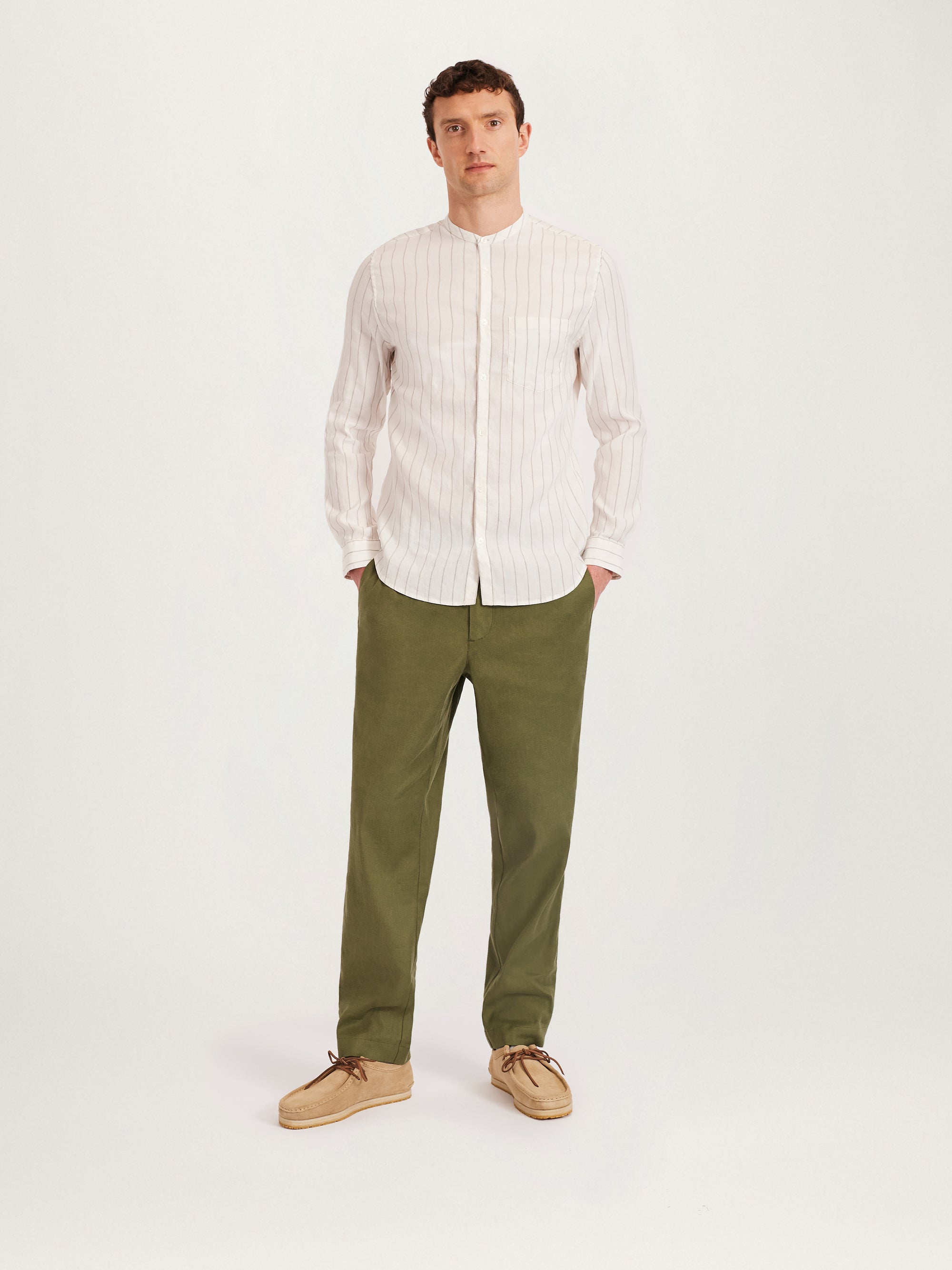 The All Day Shirt Linen Collarless || Ecru Stripe | Linen
