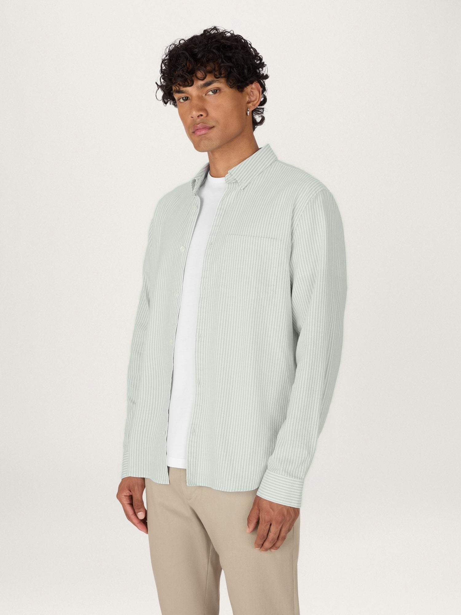 Lestrange Cotton Oxford Shirt in Sage Stripe mid-length view showing relaxed fit and chest pocket
