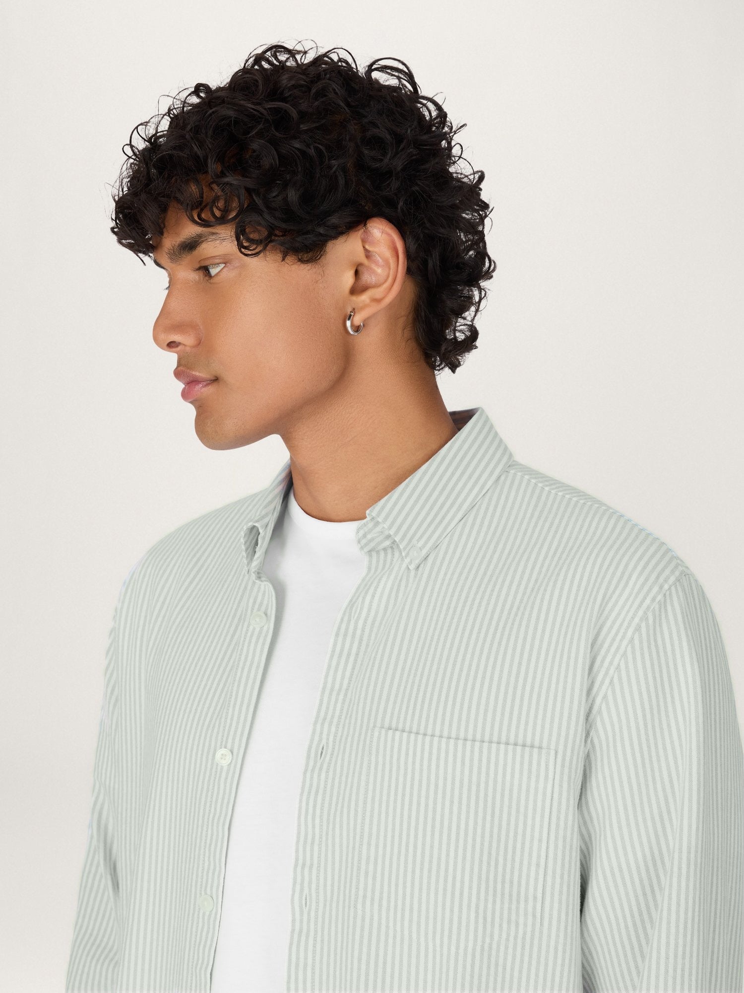 Lestrange Cotton Oxford Shirt in Sage Stripe mid-length view showing relaxed fit and chest pocket
