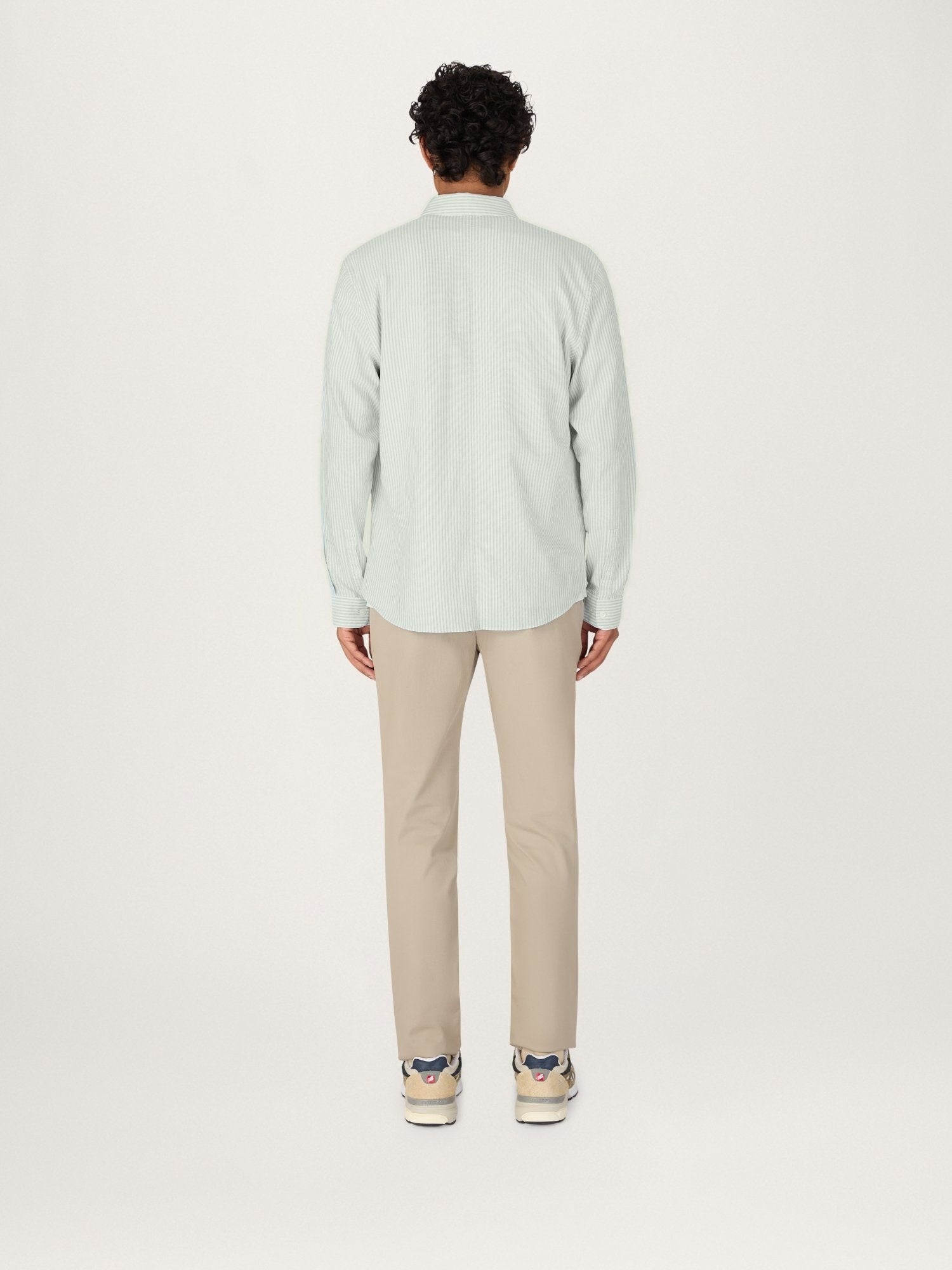 Back view of Lestrange Cotton Oxford Shirt in Sage Stripe with clean tailored silhouette