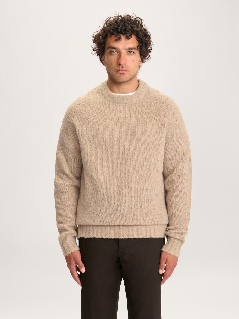 Lestrange Alpaca Crew Oatmeal sweater – front view of men’s timeless alpaca wool knitwear in neutral beige