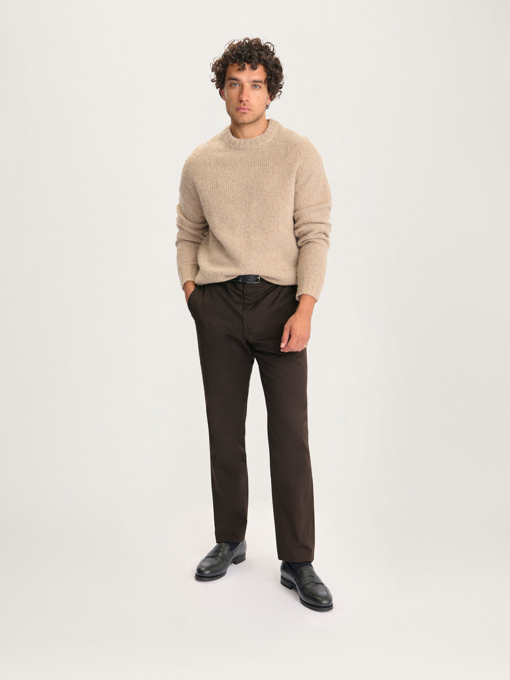 Lestrange Alpaca Crew Oatmeal sweater – men’s sustainable alpaca wool jumper styled with tailored trousers