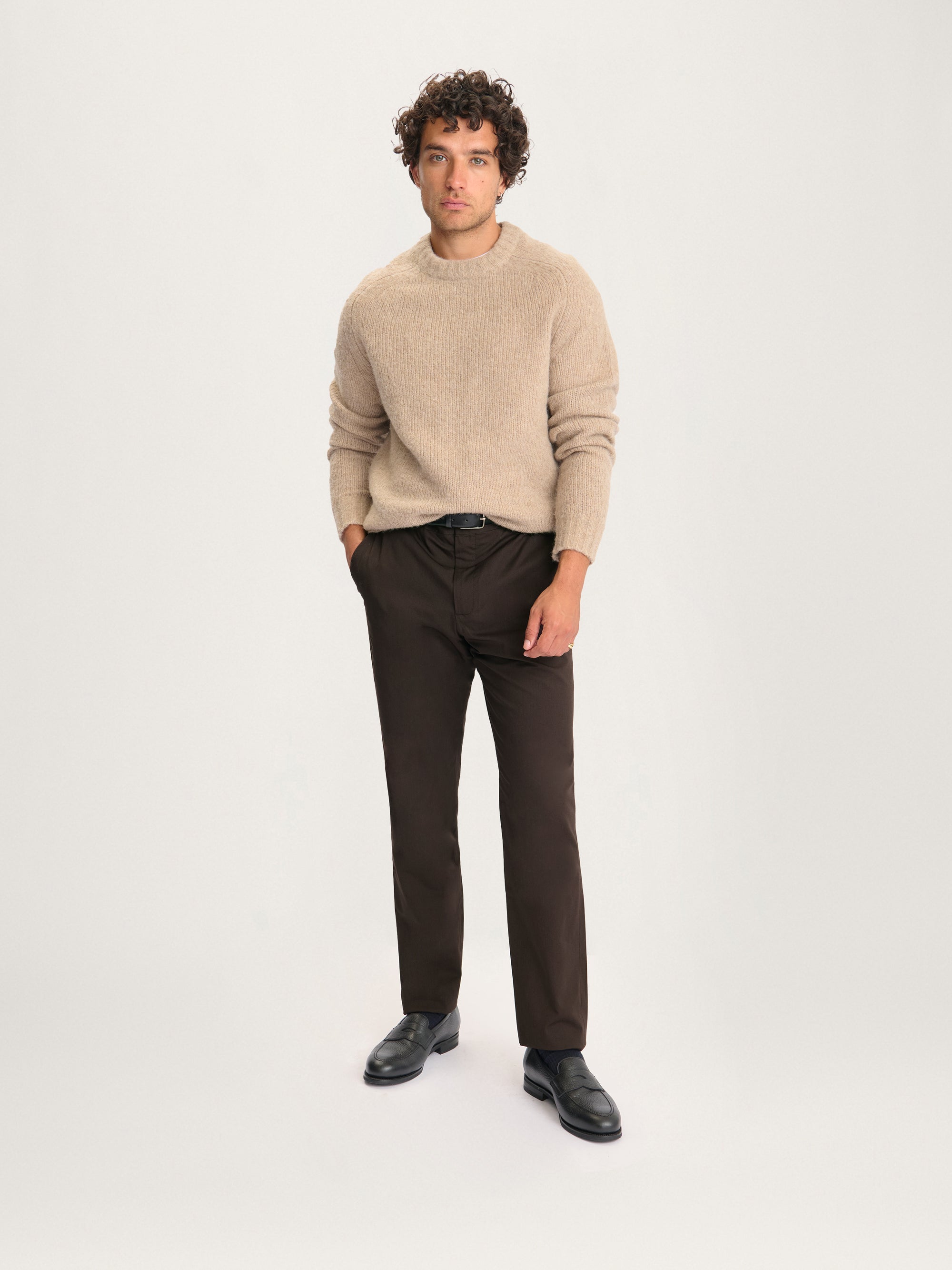 Lestrange Alpaca Crew Oatmeal sweater – men’s sustainable alpaca wool jumper styled with tailored trousers