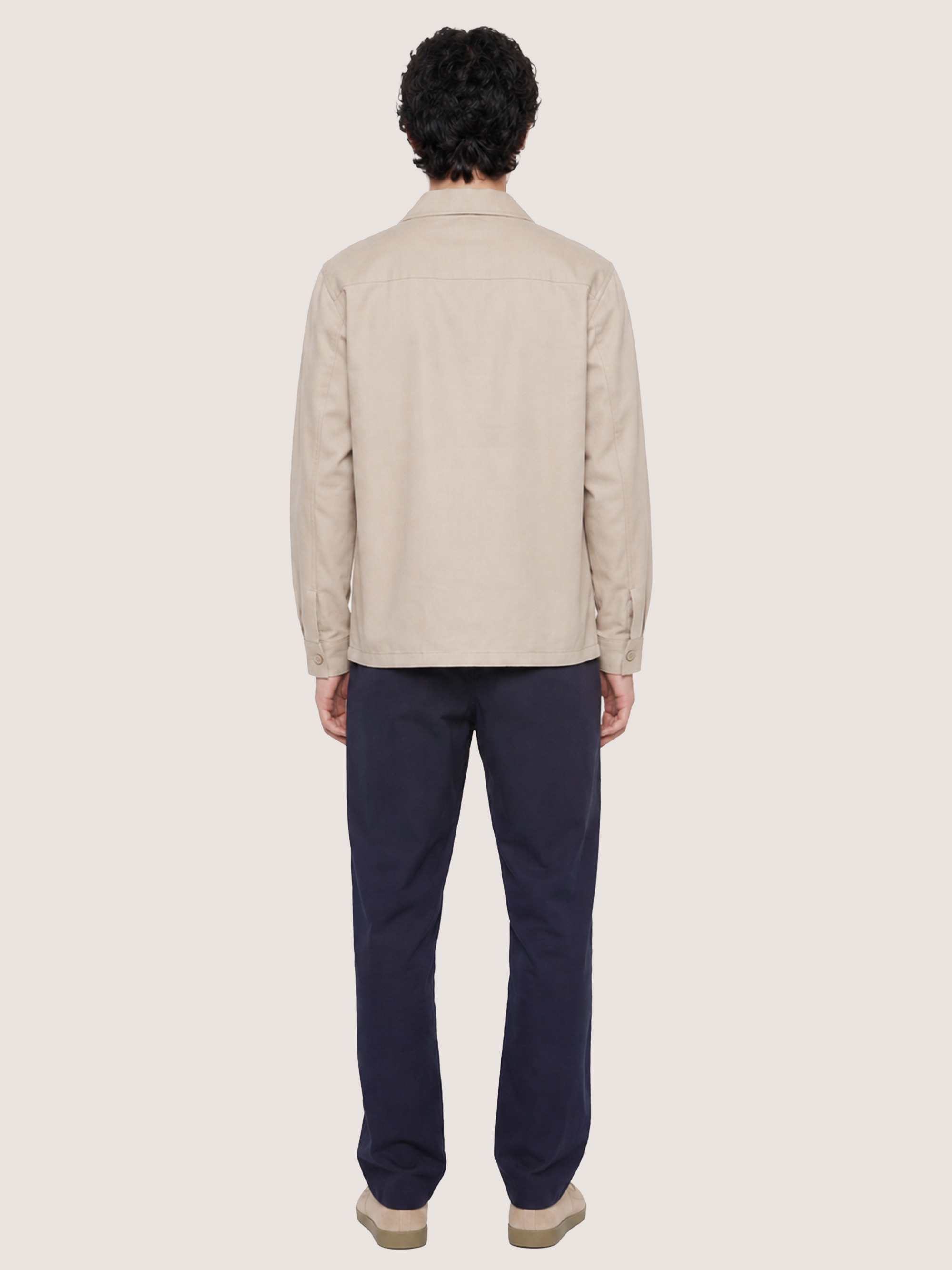 Back view of the LESTRANGE beige overshirt, showing the clean straight fit, pointed collar and long sleeves.