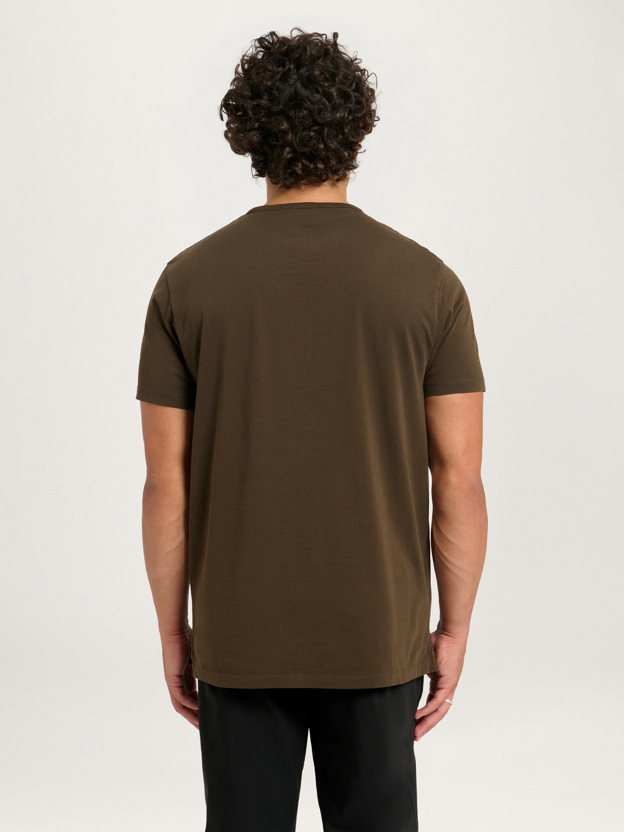 Back view of Lestrange London Classic Tee dark olive – minimalist men’s sustainable T-shirt
