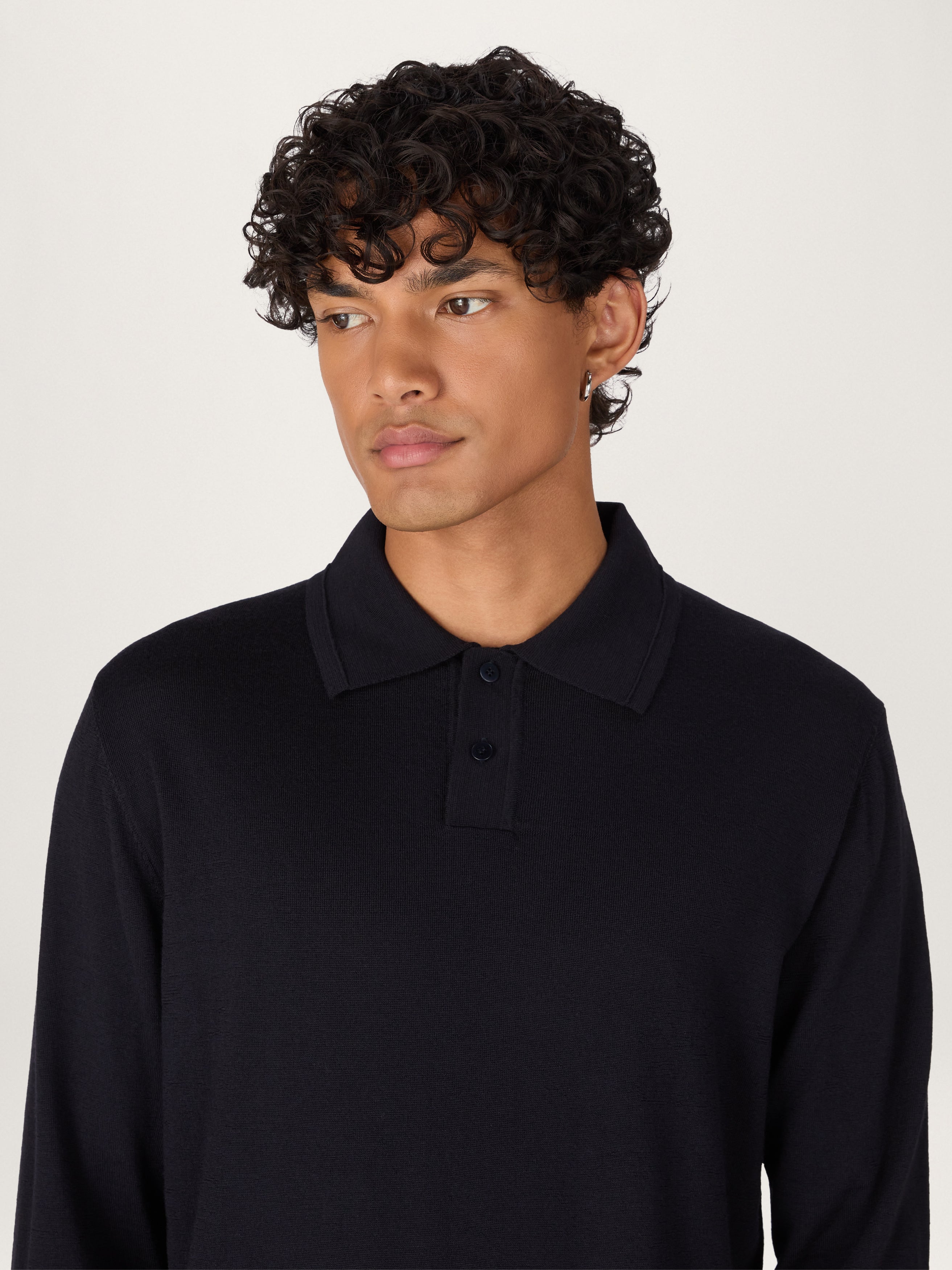 Men's black merino 2024 wool long sleeve polo