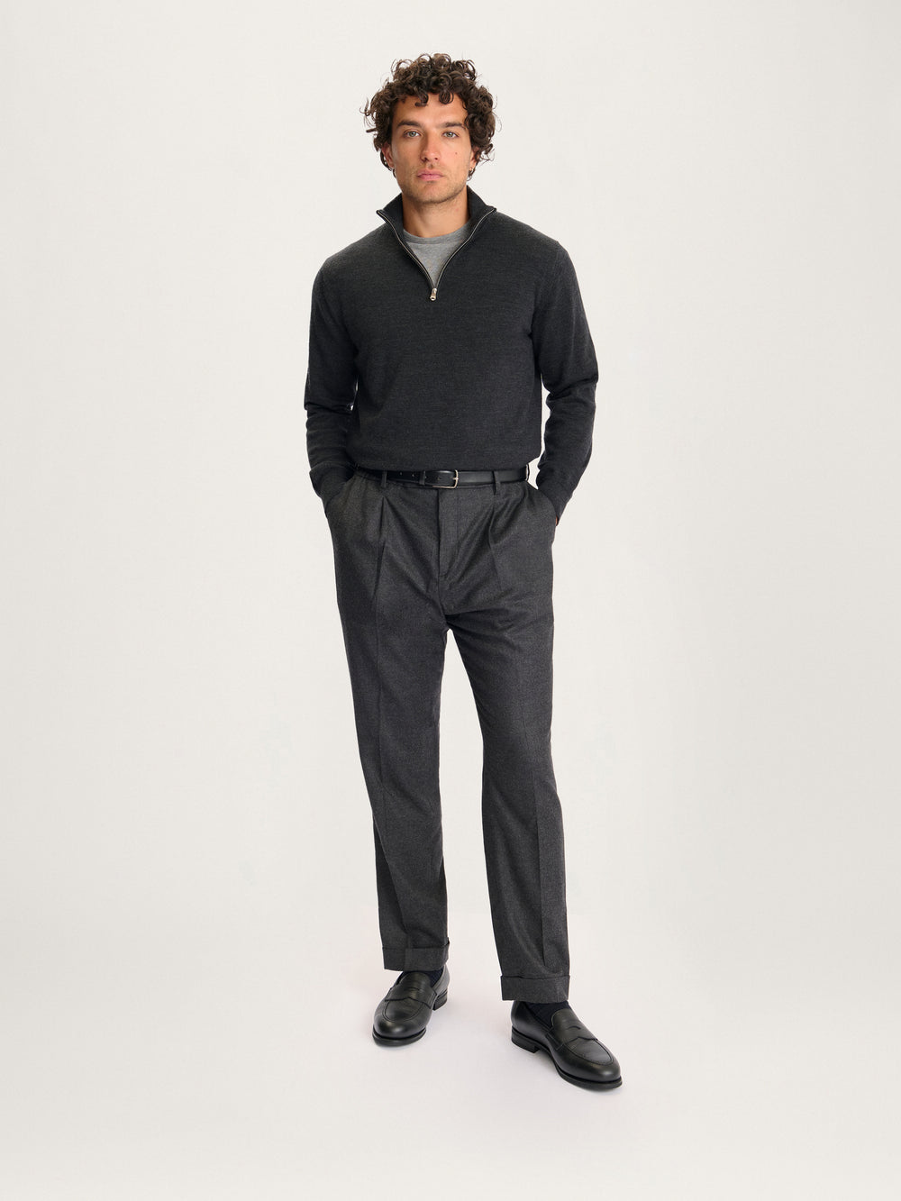 Lestrange Merino Half Zip Grey – men’s sustainable merino wool half zip jumper styled with tailored trousers