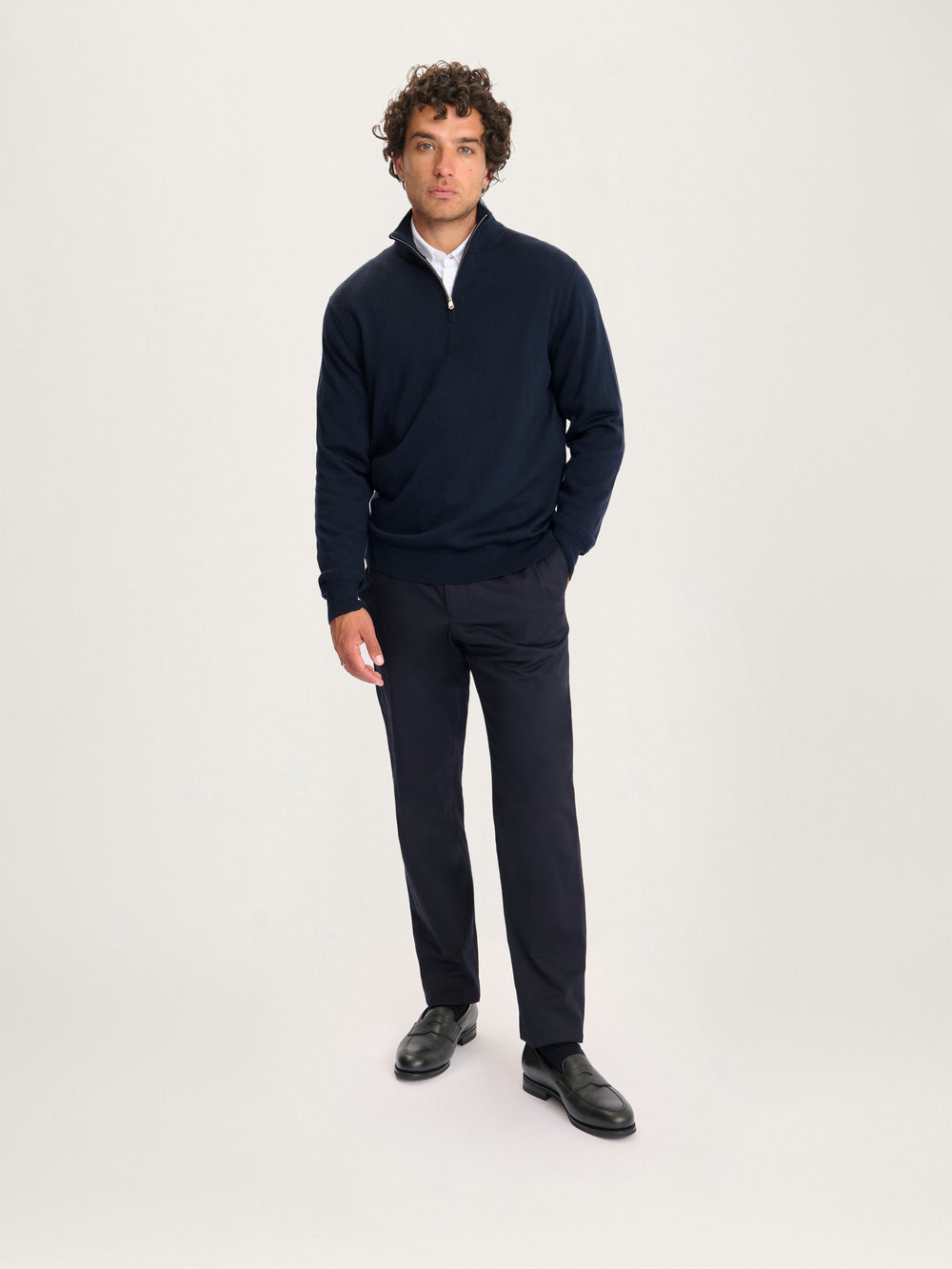 Lestrange Merino Half Zip Navy – men’s sustainable merino wool half zip jumper styled with tailored trousers