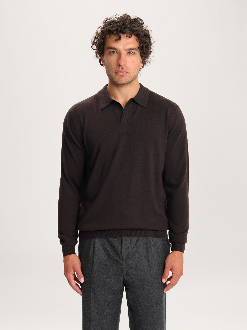 Lestrange Merino Long Sleeve Polo Espresso – front view of men’s sustainable merino wool polo shirt