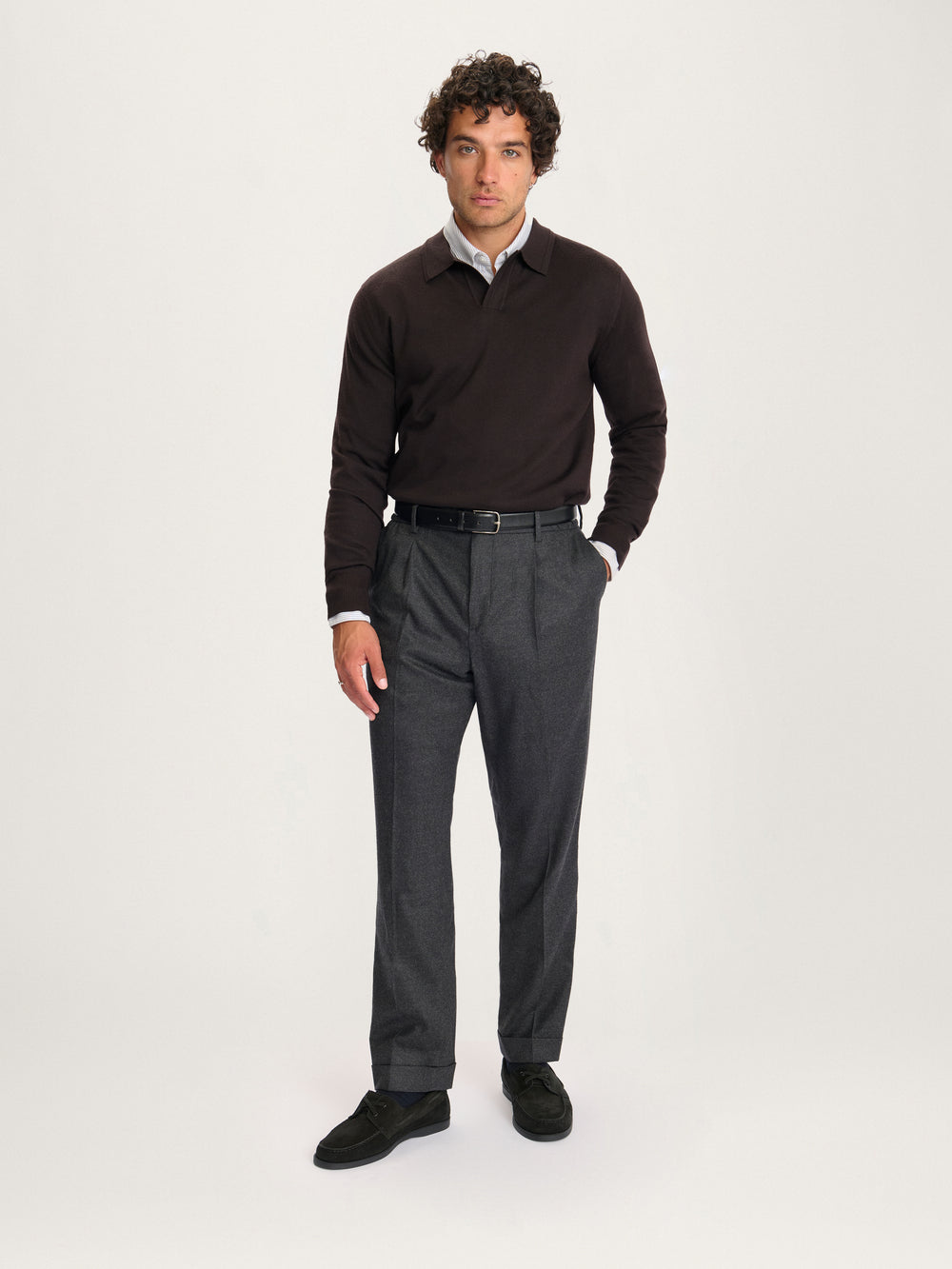 Lestrange Merino Long Sleeve Polo Espresso – men’s timeless merino knit polo styled with grey wool trousers and loafers