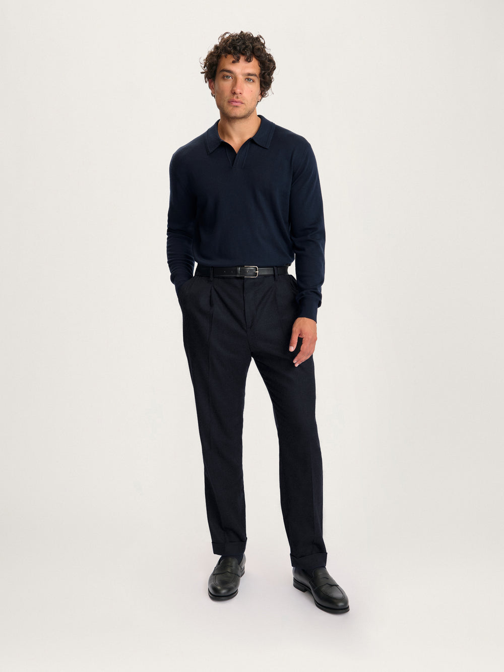 Lestrange Merino Long Sleeve Polo Navy – men’s premium merino wool polo styled with tailored trousers and loafers