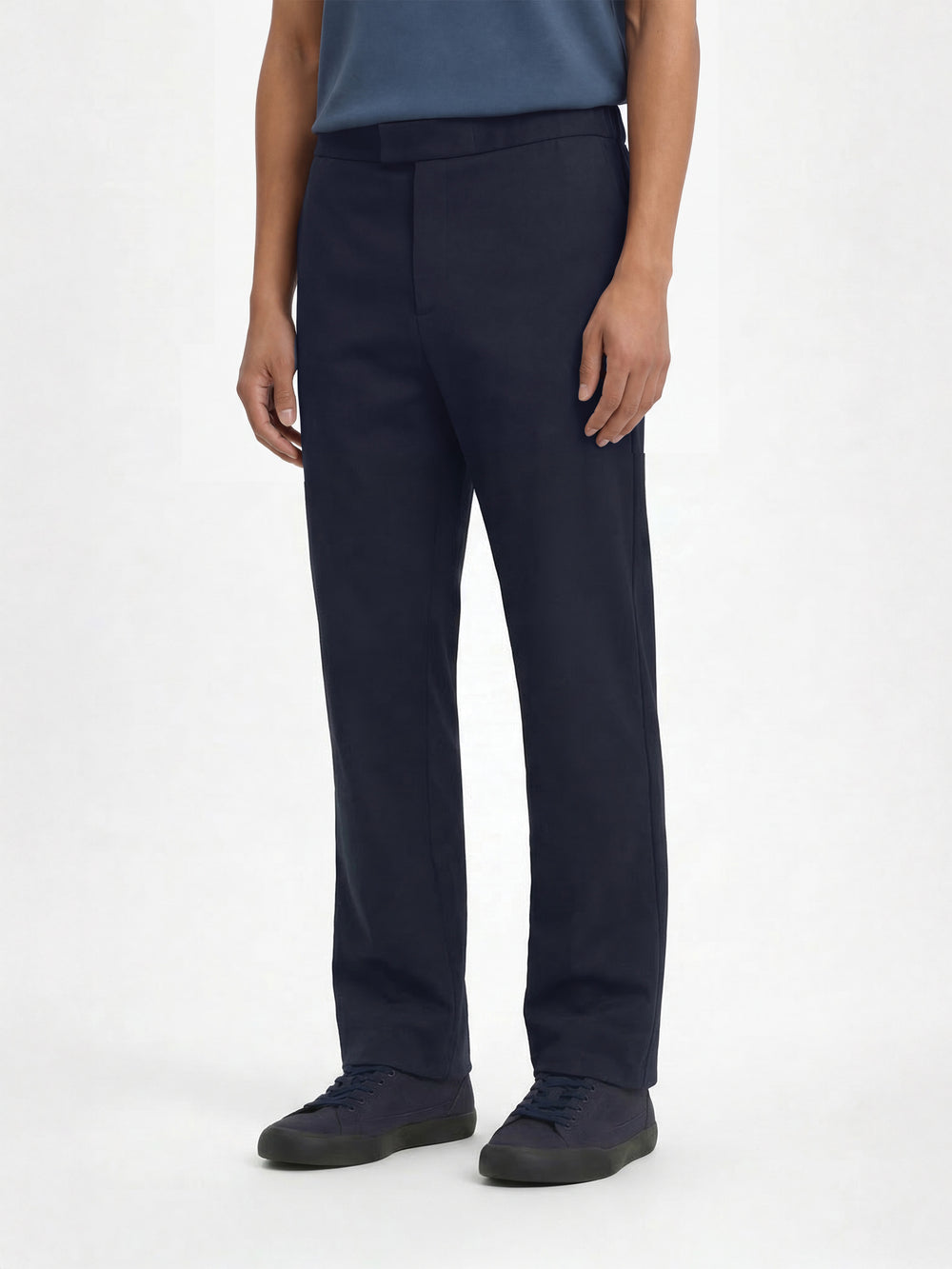 Lestrange London regular navy trousers full length view styled with navy sneakers smart casual look