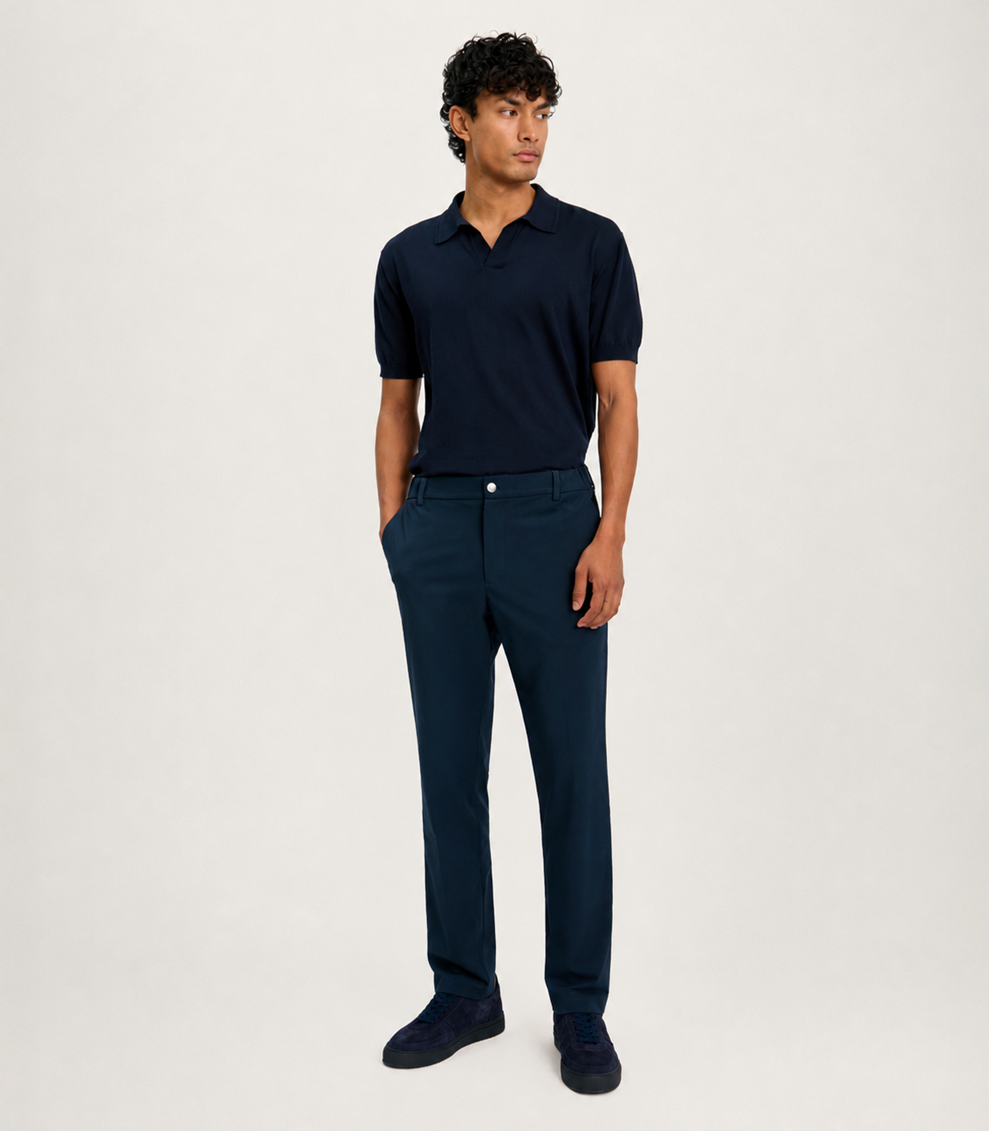 Side view of the LESTRANGE 360 Trouser in navy, showing the clean tapered fit, side pockets and stretch fabric.