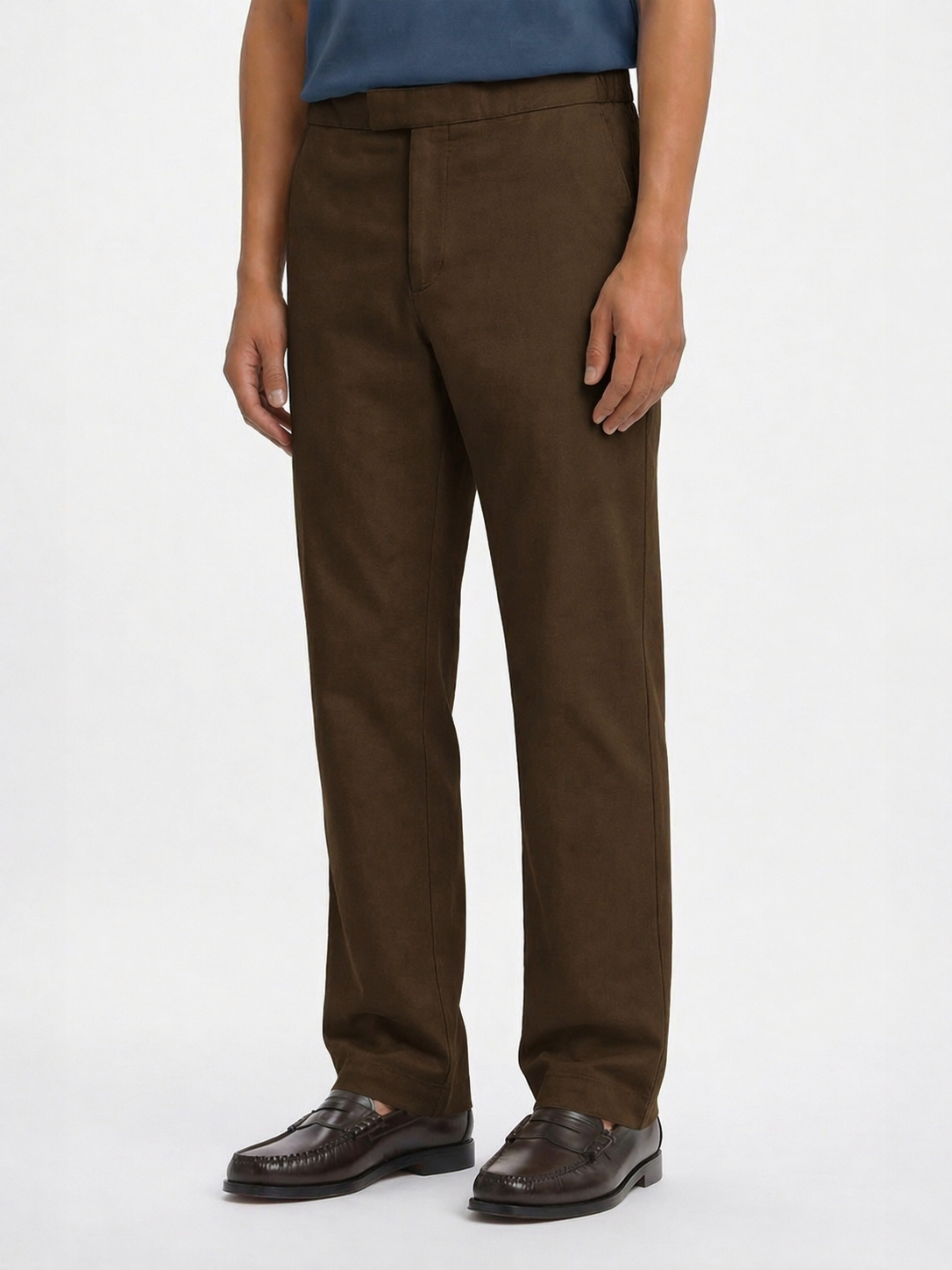 LESTRANGE khaki trousers shown from the front, featuring a relaxed straight-leg cut, concealed fastening and clean tailored finish
