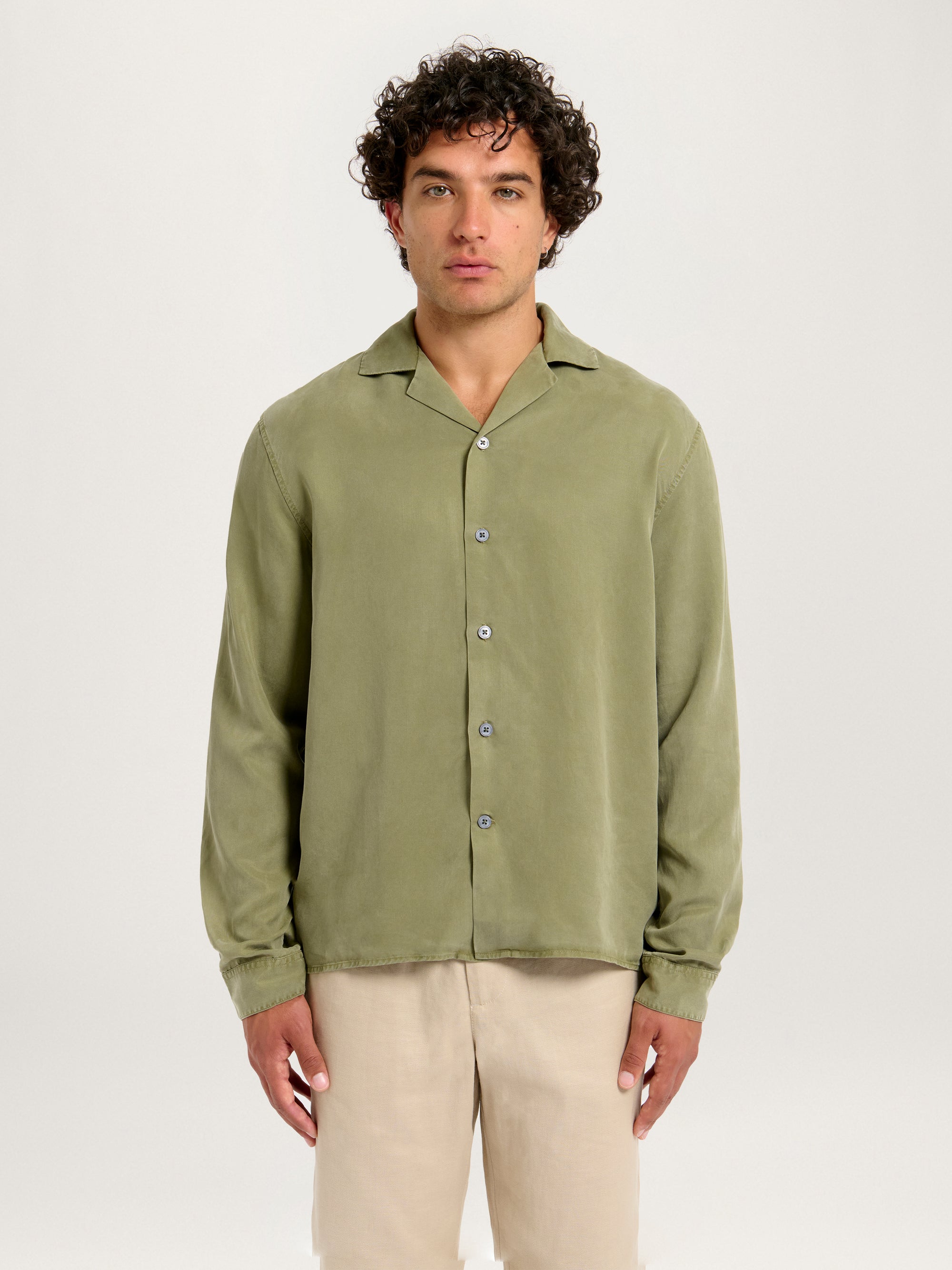 Men’s Cuban Collar Tencel Shirt Khaki by Lestrange London – front view with long sleeves and relaxed fit