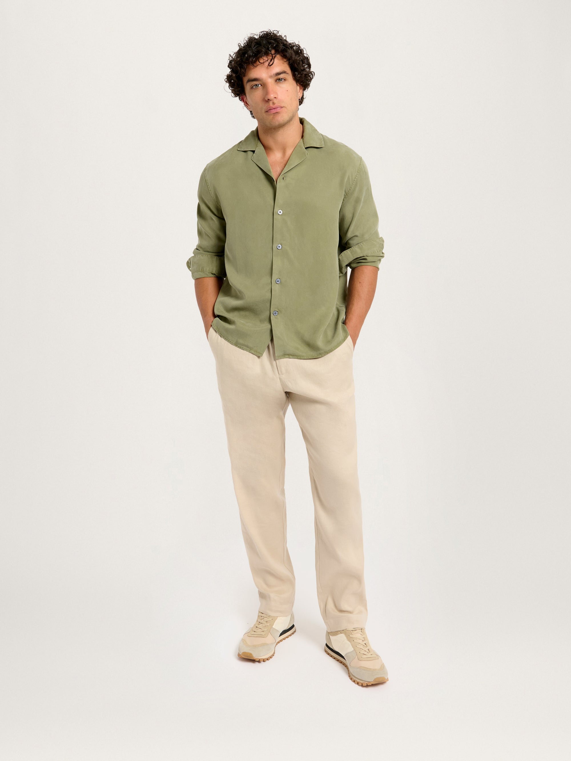 Lestrange London Cuban Collar Tencel Shirt Khaki styled casually with rolled sleeves – men’s sustainable fashion