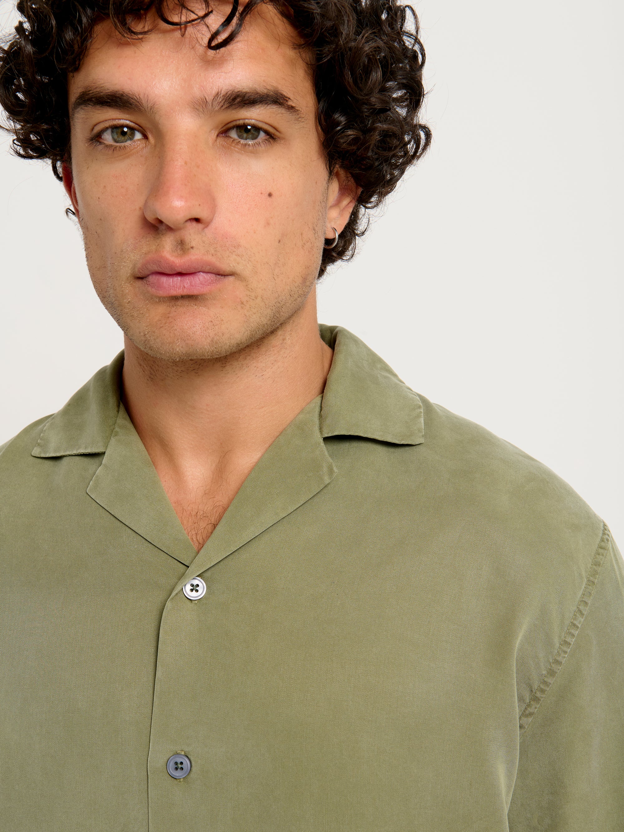 Close up of Lestrange London Cuban Collar Tencel Shirt Khaki – soft drape eco-friendly fabric