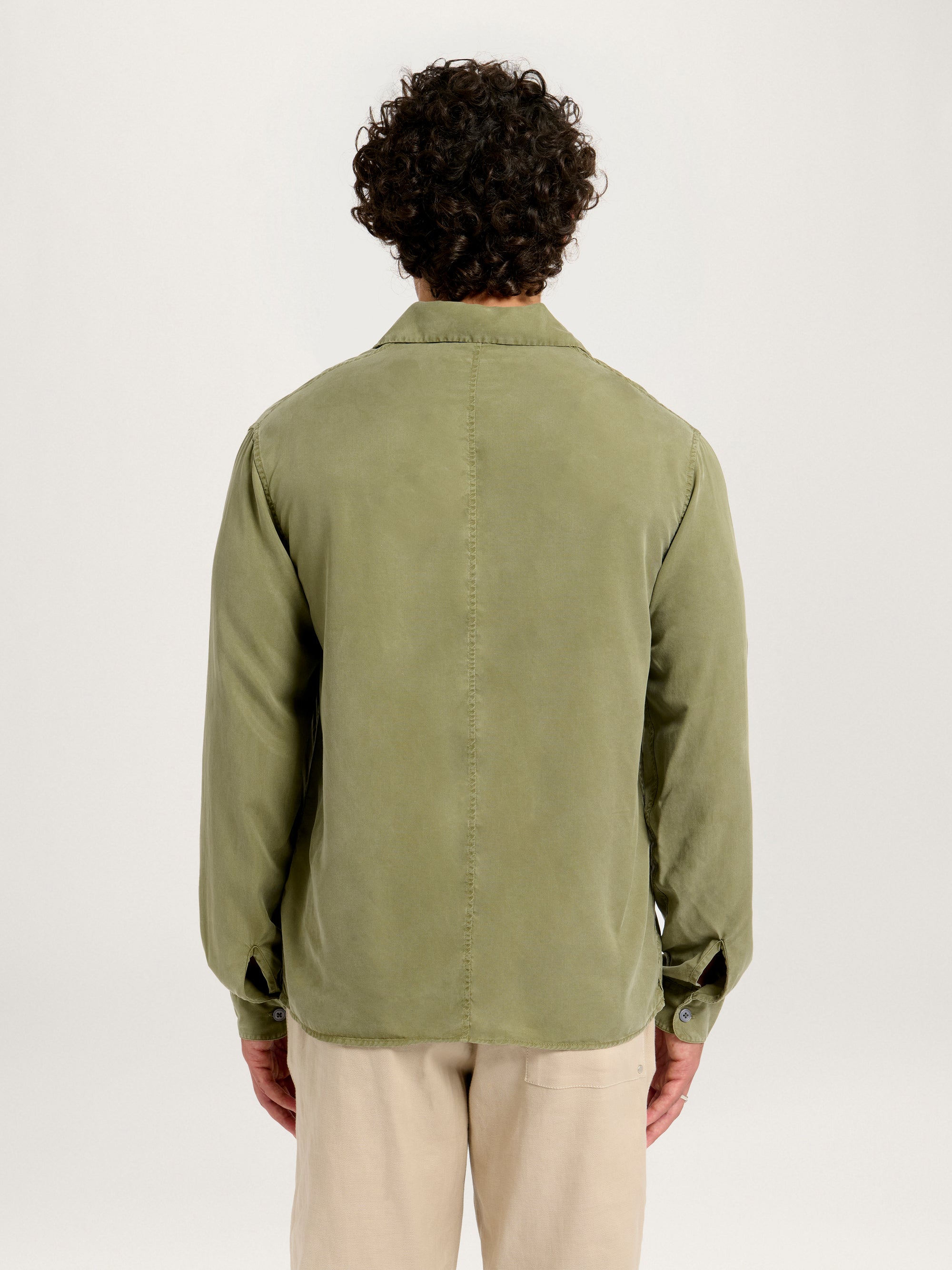 Lestrange London Cuban Collar Tencel Shirt in Khaki – back view on model, sustainable men’s resort shirt
