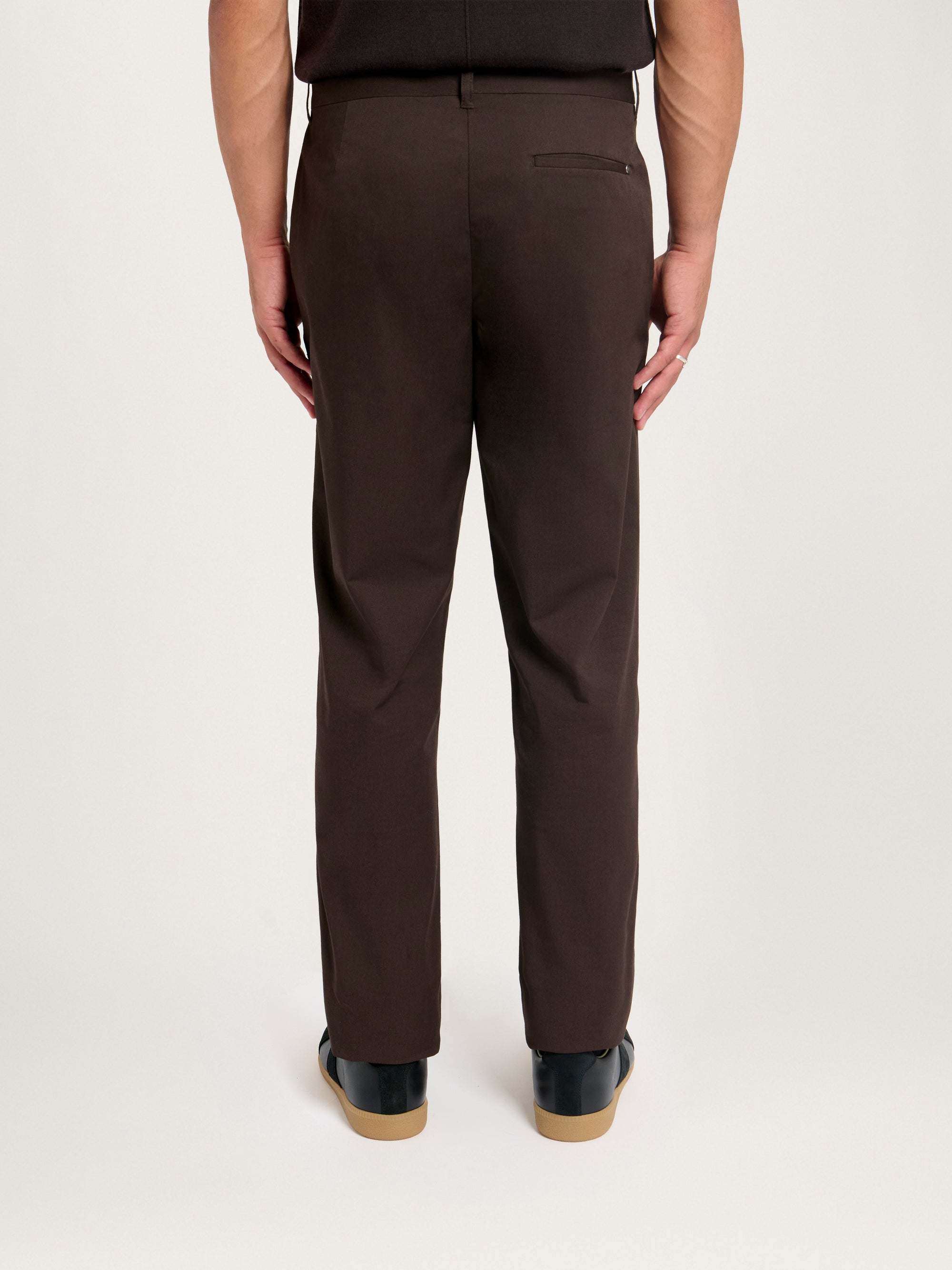 Back view of Lestrange London Essential Chino in espresso with single welt pocket detail
