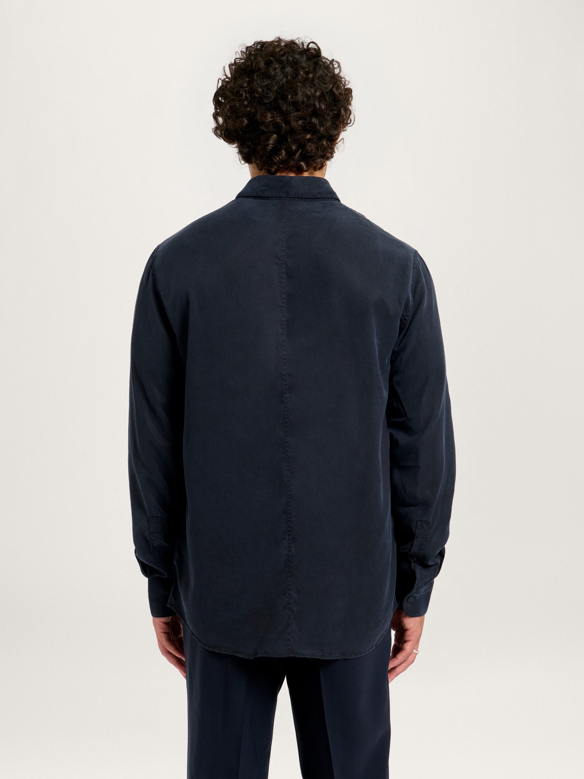 Back view of Relaxed Tencel Shirt in navy – men’s sustainable long sleeve shirt by Lestrange London