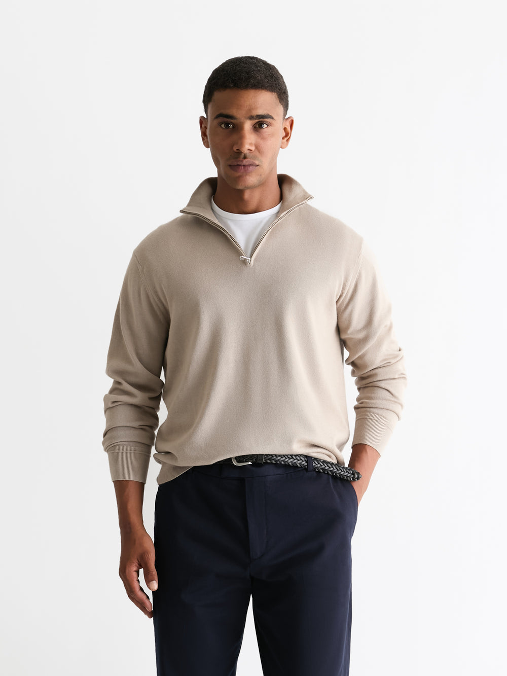 The 24 Quarter Zip Knit, Beige, front