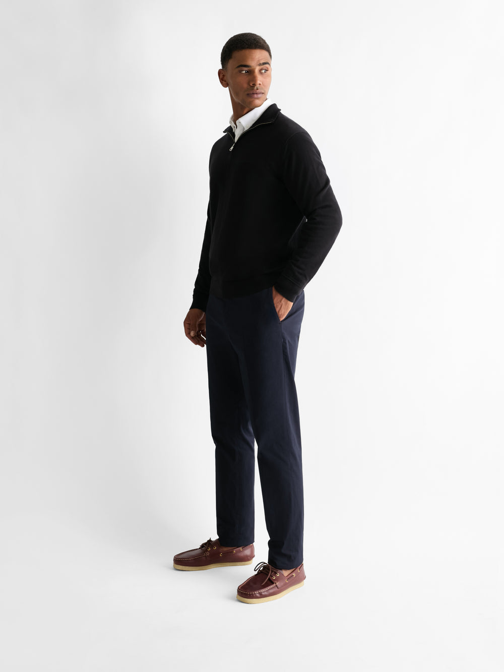 The 24 Quarter Zip Knit, Black, three-quarter front