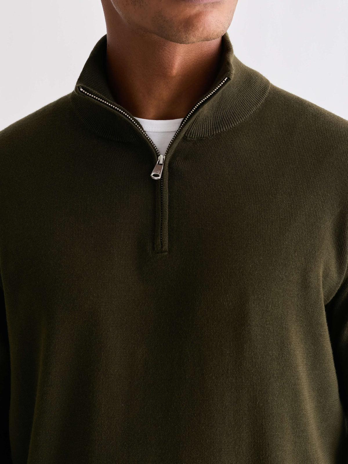 The 24 Quarter Zip Knit, Dark Olive, close up
