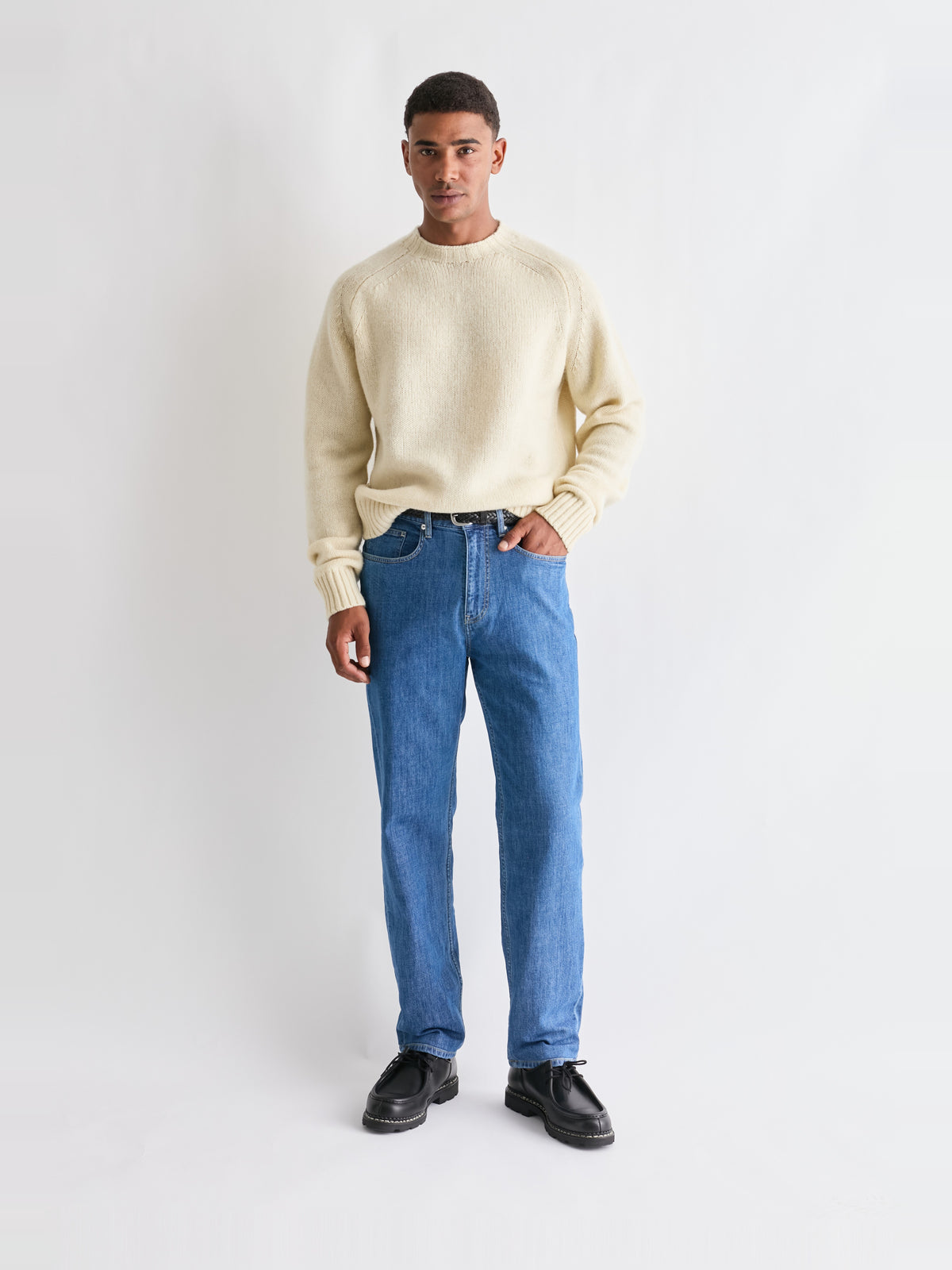 The 24 Jeans Straight Fit in Light Blue, full front view styled with a cream knit