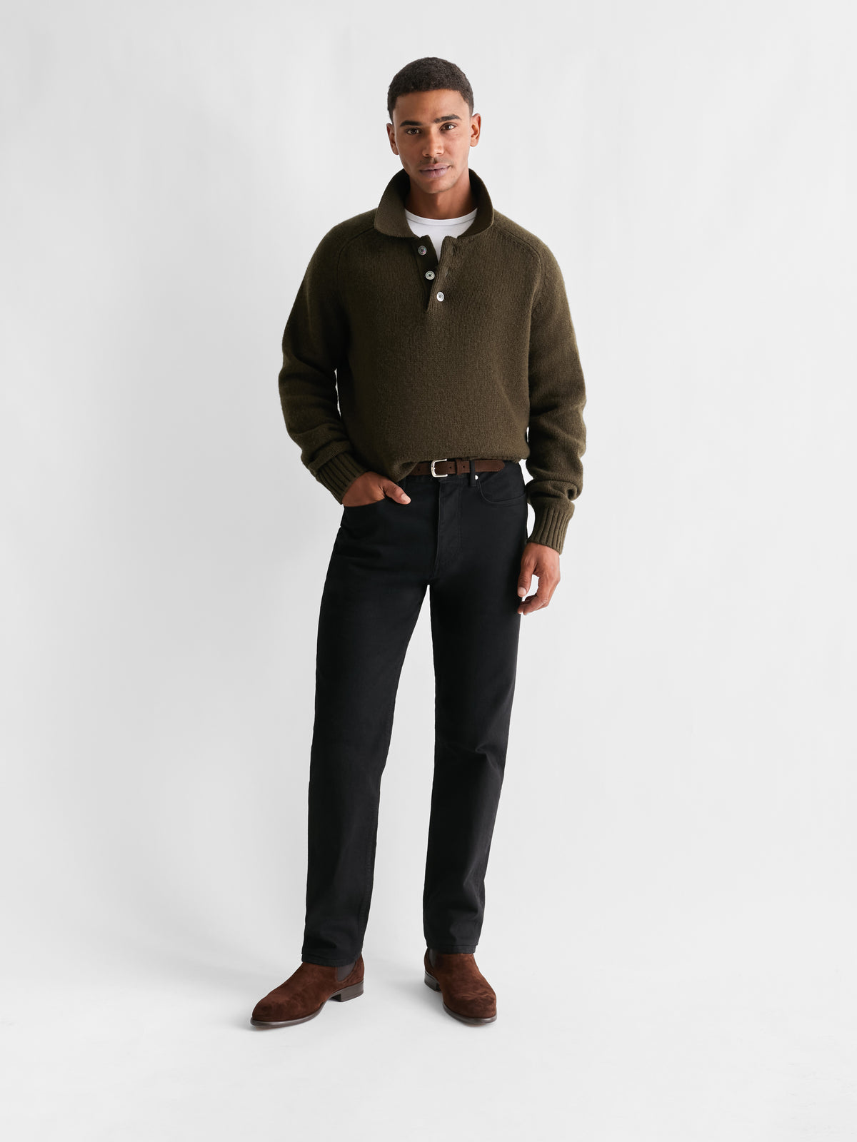 The 24 Shaggy Knit Polo, Dark Olive, front, full length