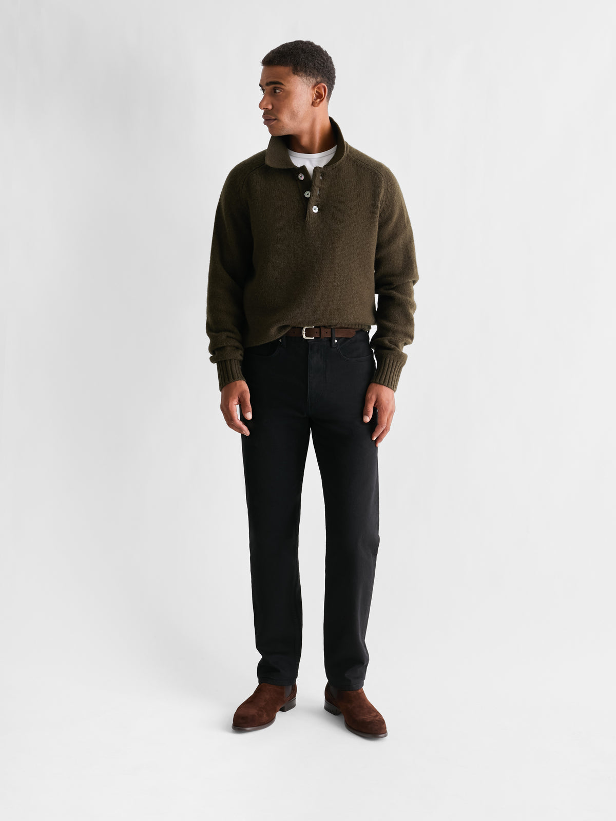 The 24 Shaggy Knit Polo, Dark Olive, three-quarter front
