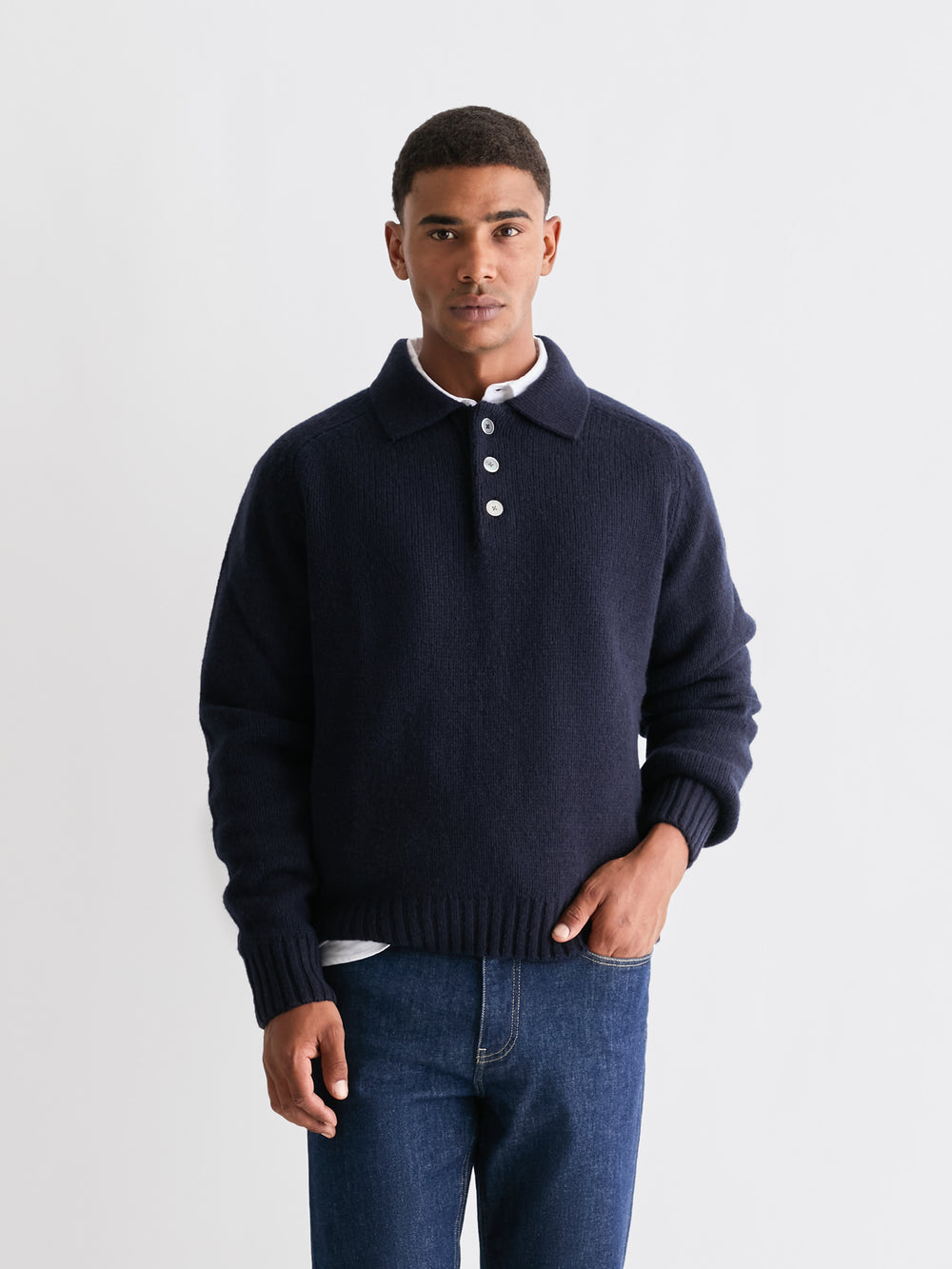 The 24 Shaggy Knit Polo, Navy, front